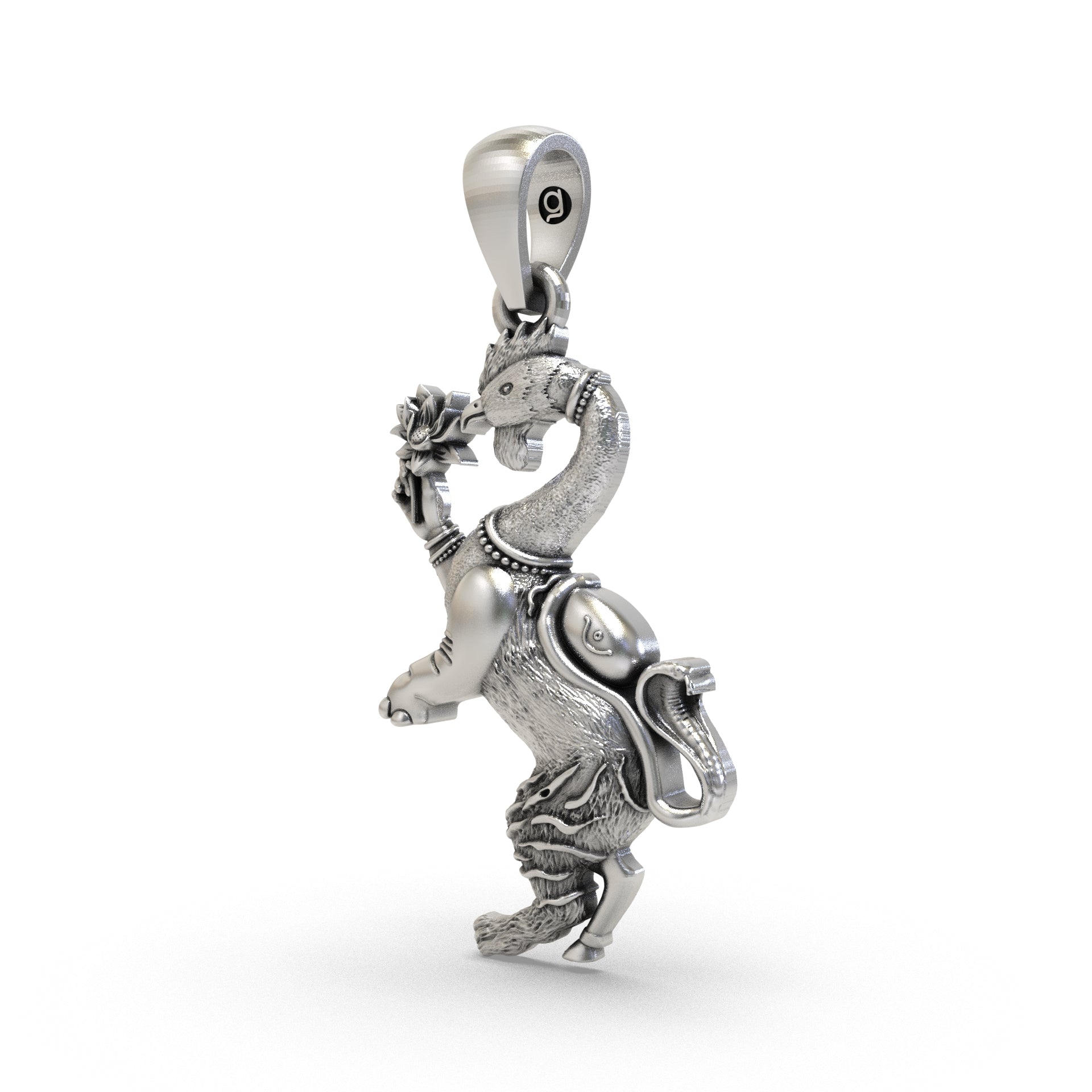 Close-up detail of the premium 925 sterling silver Navagunjara pendant showing intricate divine elements.