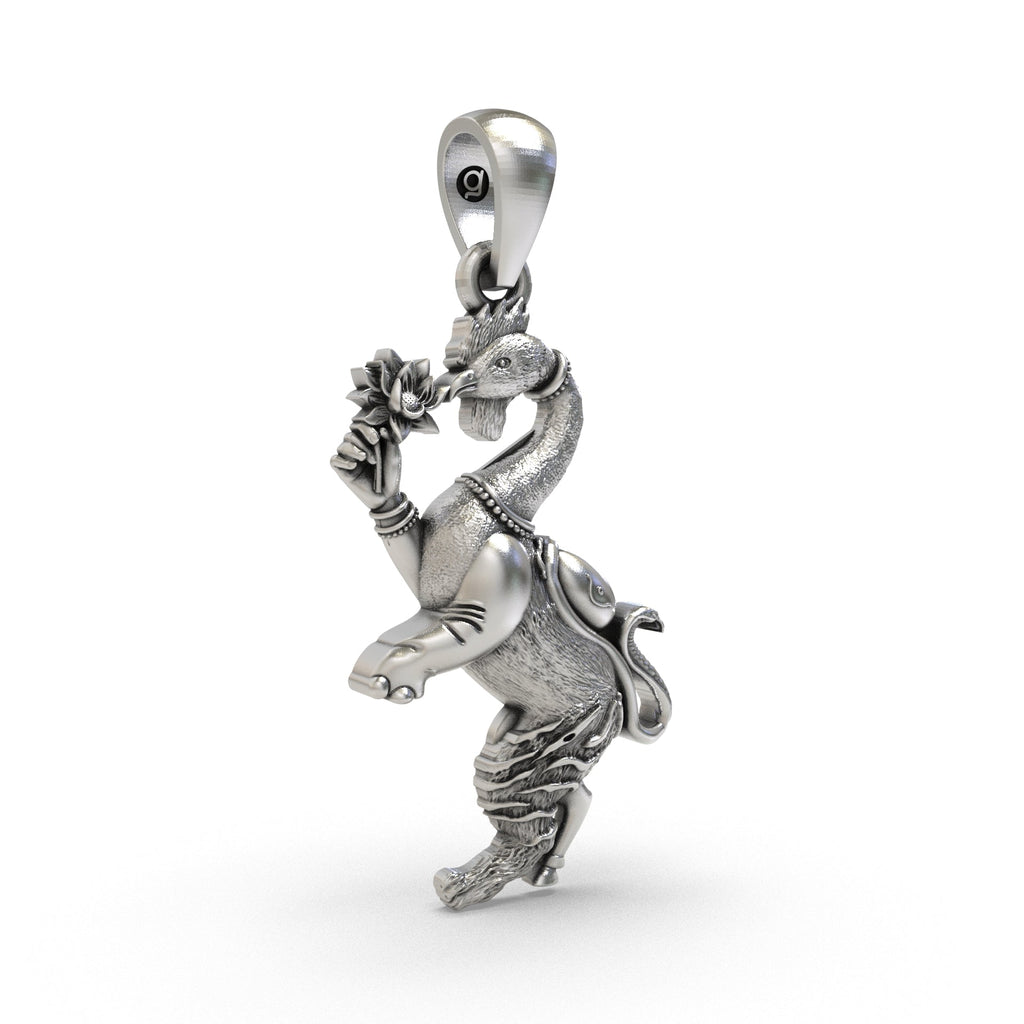 Side profile of the lightweight Navagunjara spiritual silver pendant designed for daily wear and prayer.