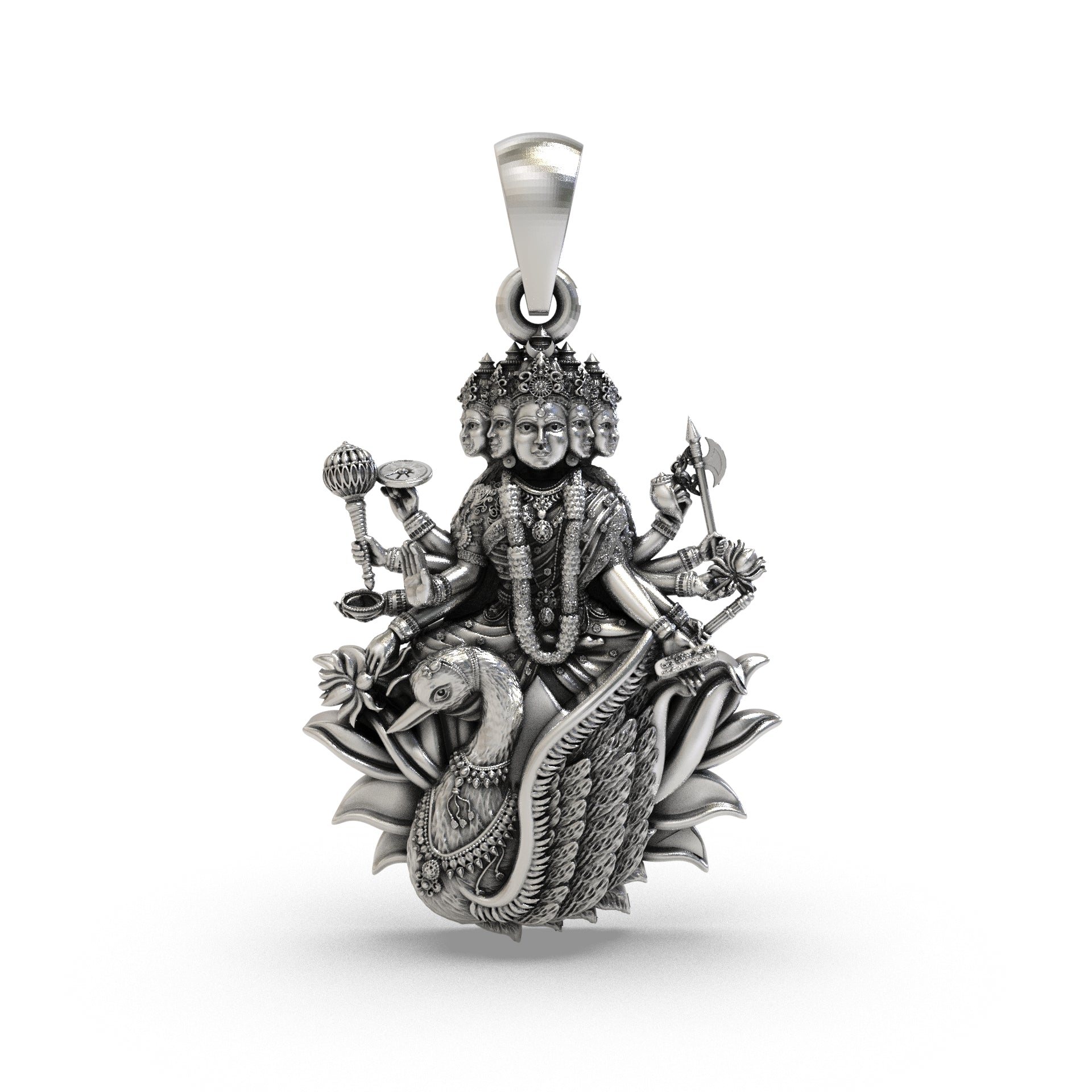 Front view of the Gayatri Mata 925 silver pendant, highlighting divine details for wisdom and peace.