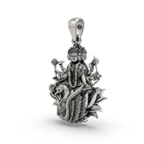 Close-up of the premium handcrafted Gayatri Mata sterling silver pendant showing intricate design work.
