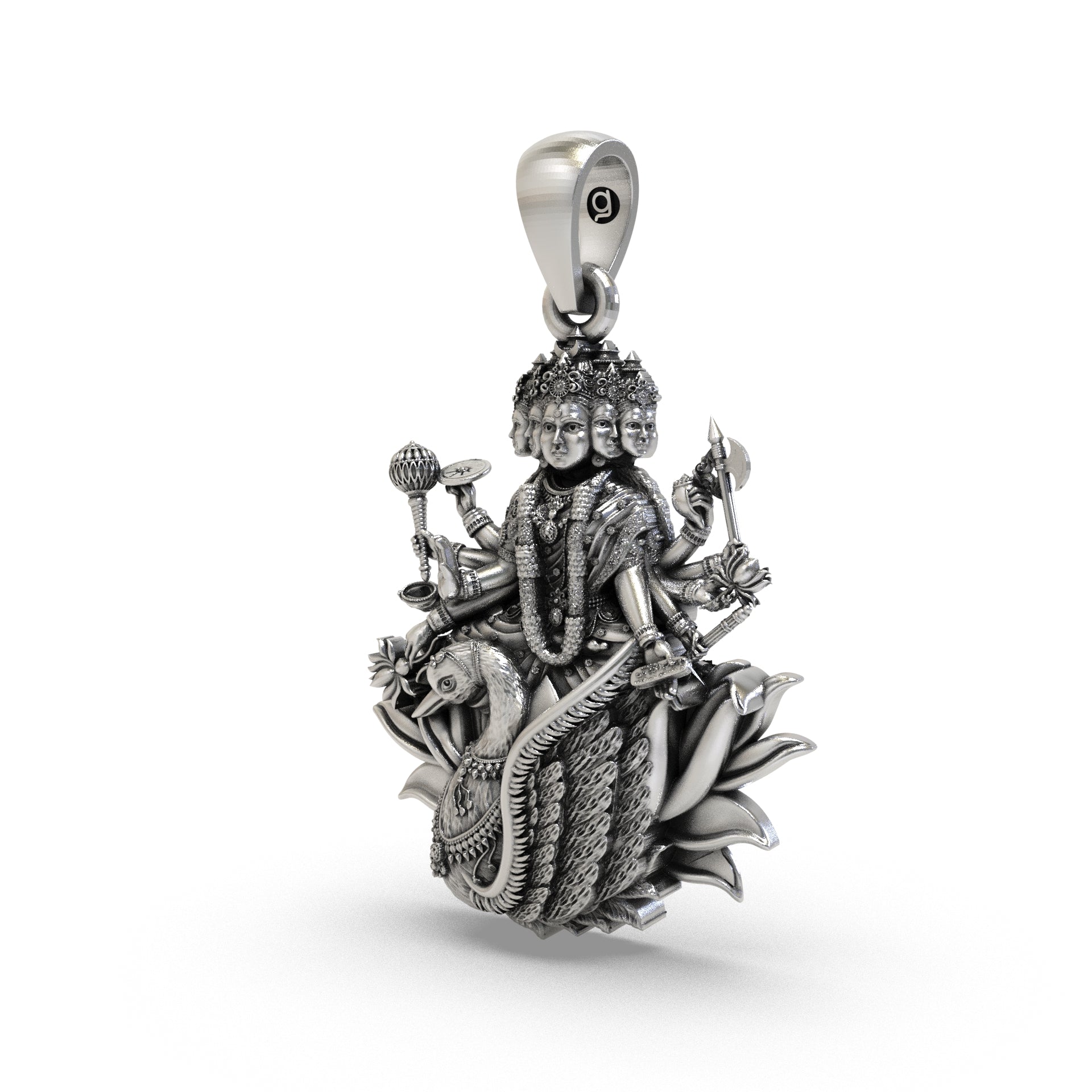 Close-up of the premium handcrafted Gayatri Mata sterling silver pendant showing intricate design work.
