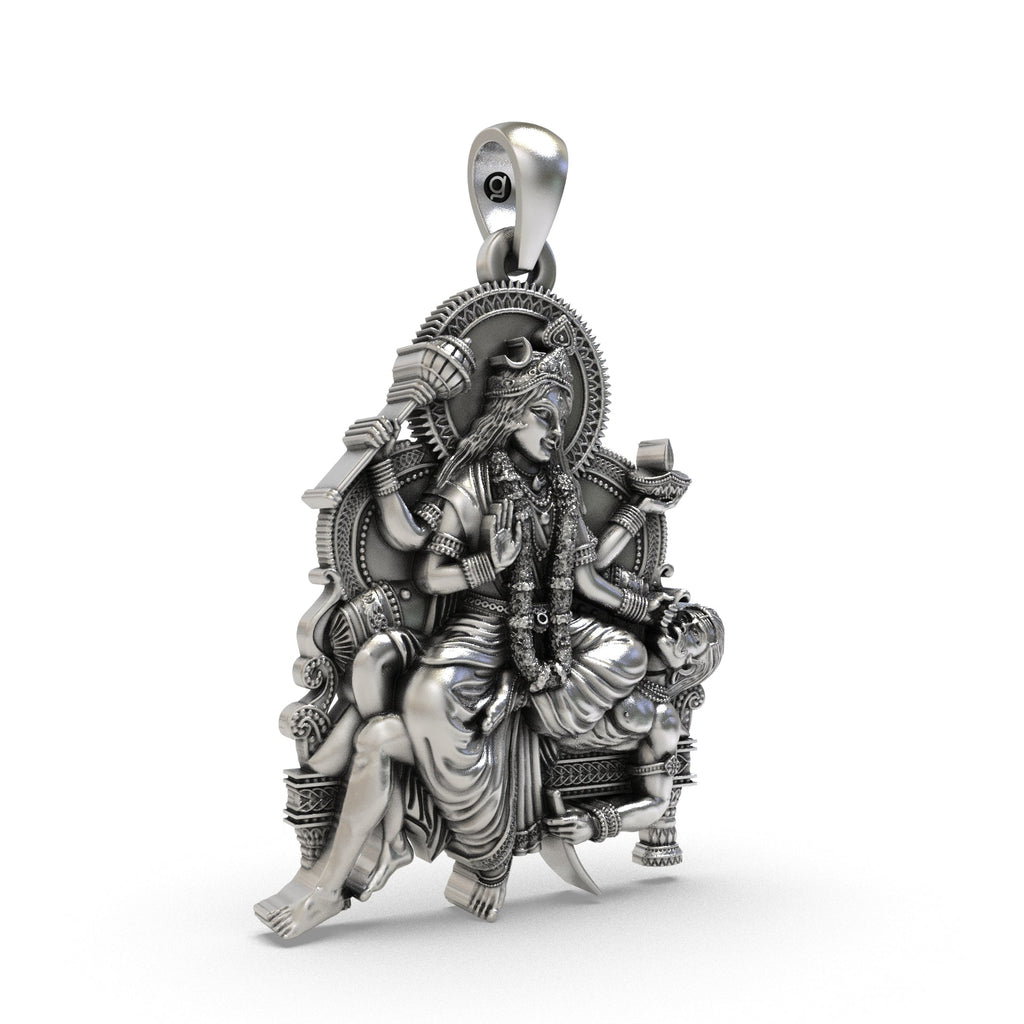 Side profile of the lightweight Maa Baglamukhi 925 silver protection pendant designed for daily wear.