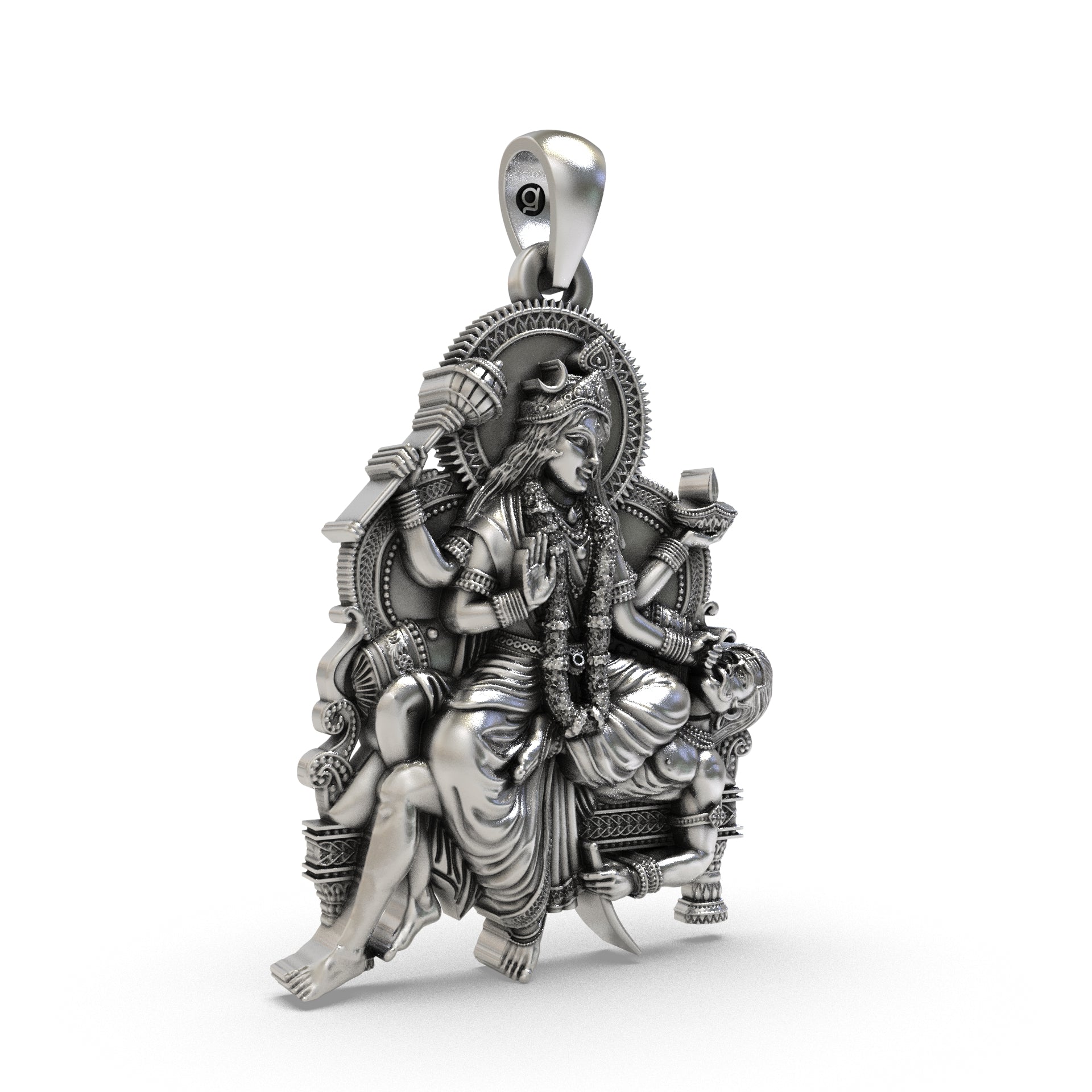 Side profile of the lightweight Maa Baglamukhi 925 silver protection pendant designed for daily wear.