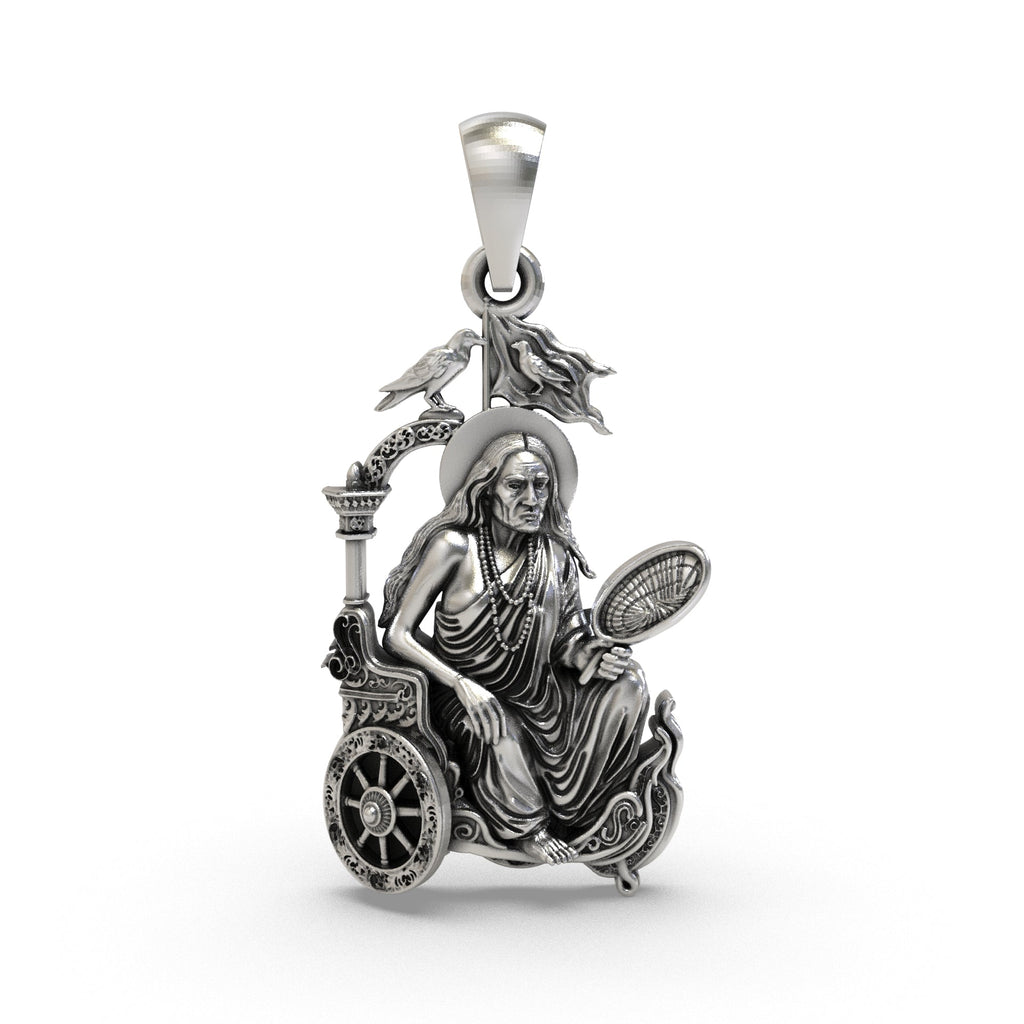 Front view of the Dhumavati Mahavidya 925 silver pendant showcasing intricate devotional detailing.