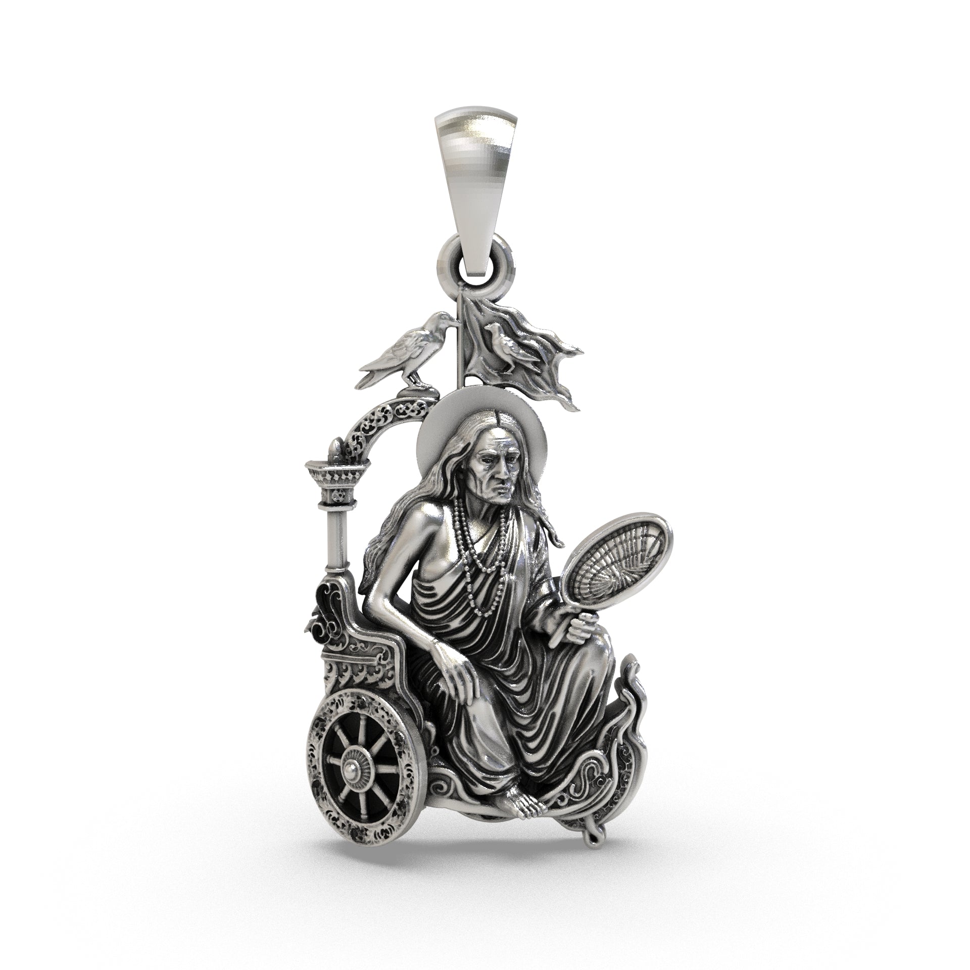Front view of the Dhumavati Mahavidya 925 silver pendant showcasing intricate devotional detailing.
