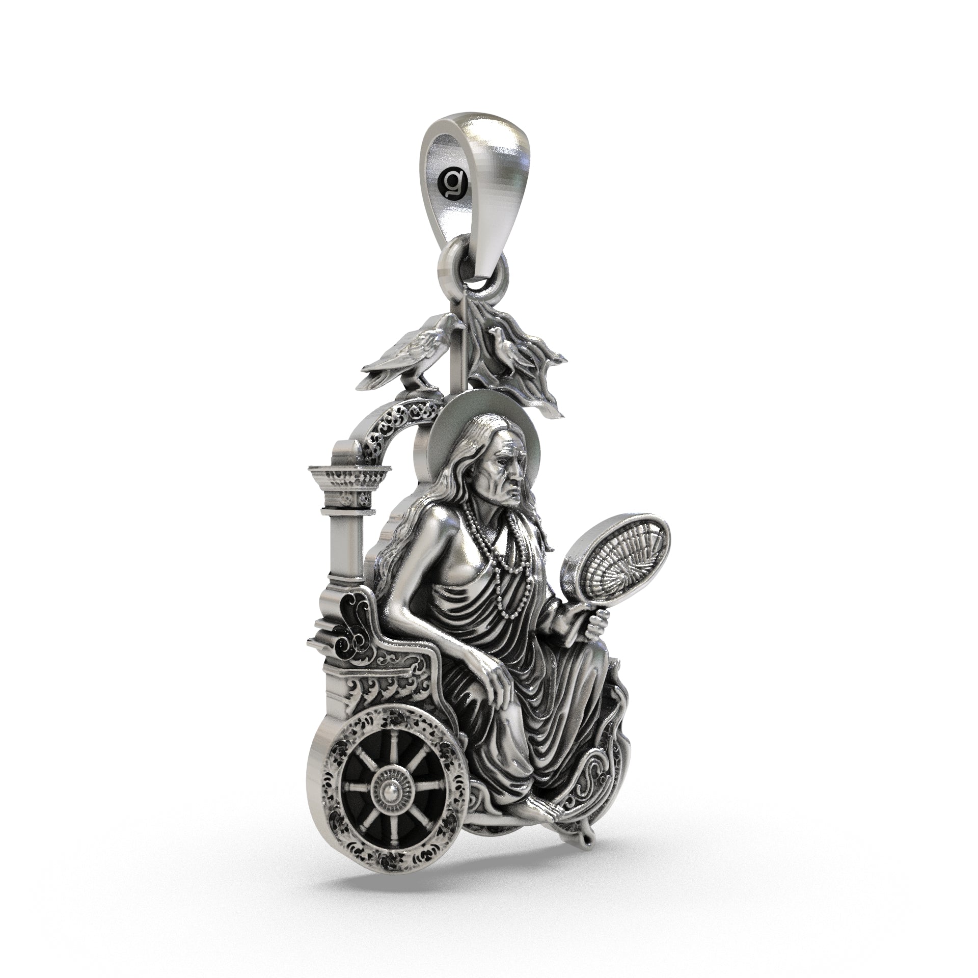 Side profile of the sacred Dhumavati Mahavidya 925 sterling silver spiritual pendant for daily wear.