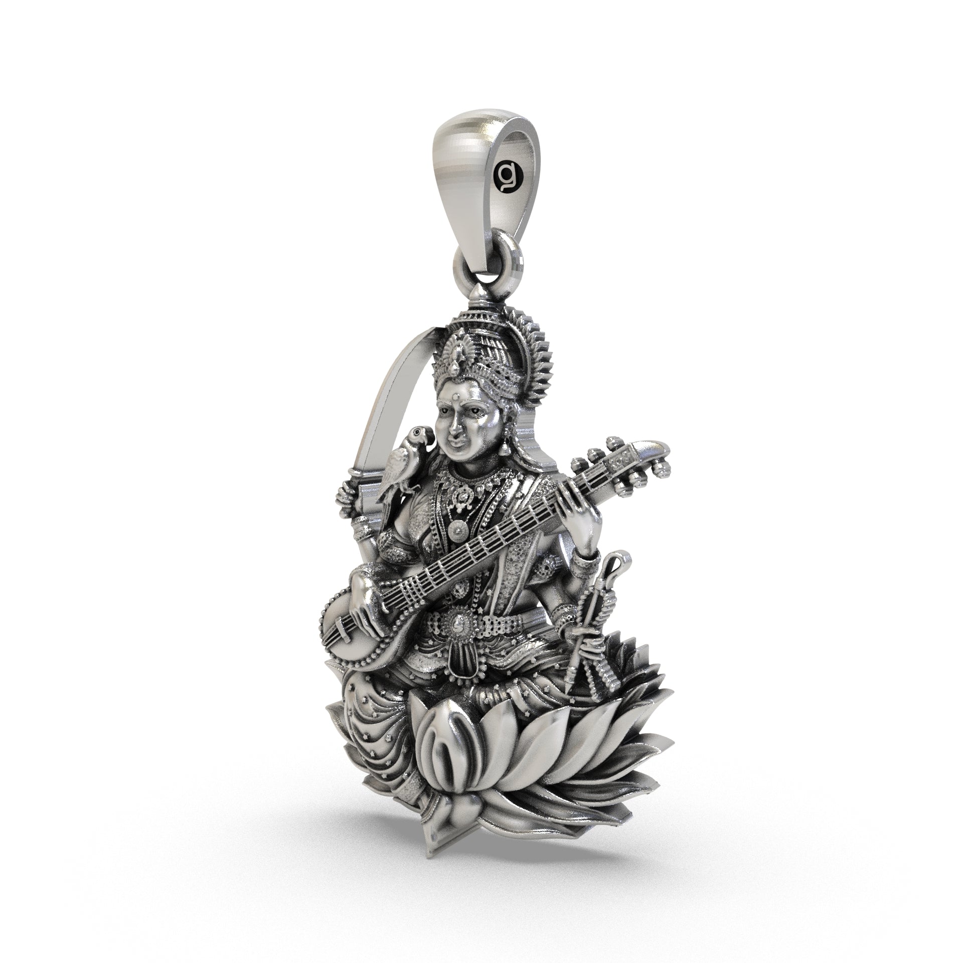 Close-up detail of the Raj Matangi sterling silver pendant highlighting the sacred wisdom motifs.