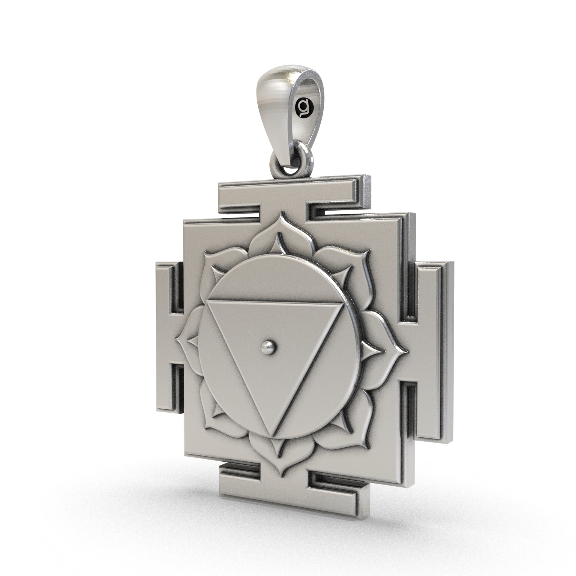 Close-up detail of the pure sterling silver Tara Yantra Pendant showing fine polished finish.