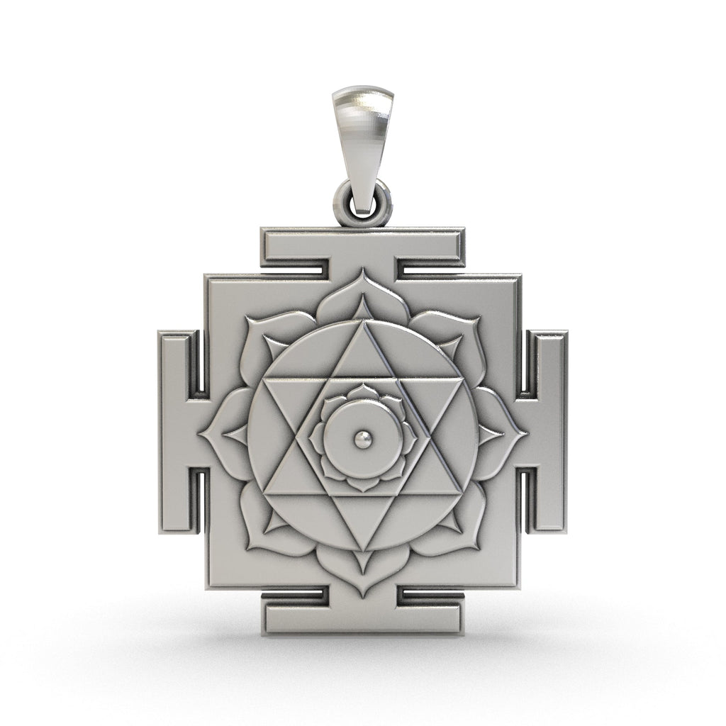 Front view of the 925 Silver Kamala Yantra Pendant showing intricate sacred geometric detailing.