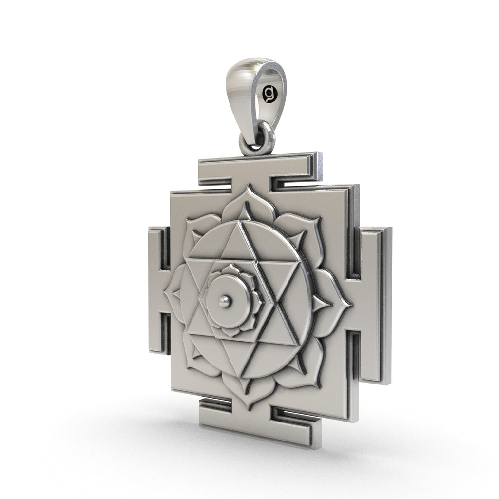 Close-up of the pure 925 silver Kamala Yantra pendant highlighting the fine polished finish.