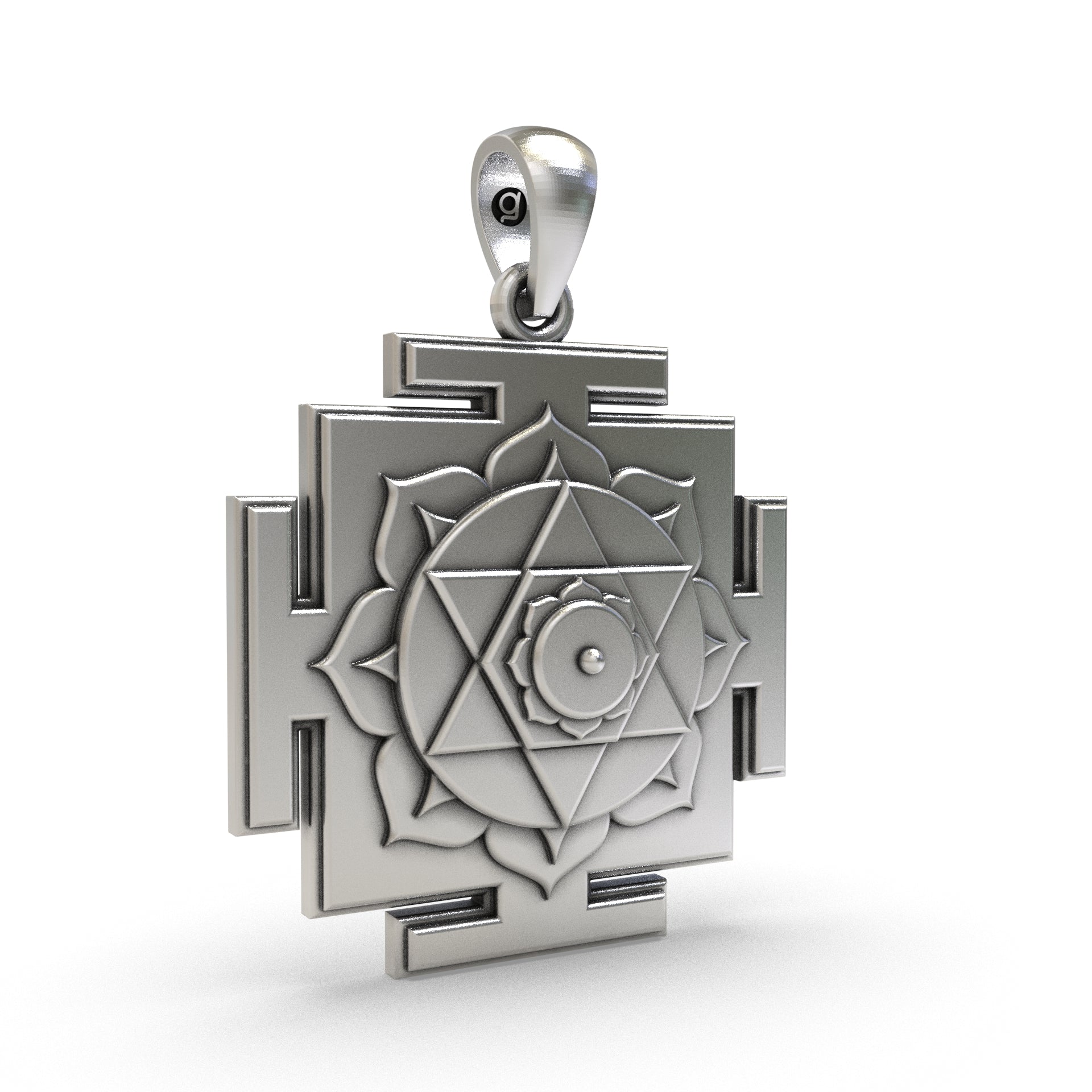 Backside view of the 925 Silver Kamala Yantra Pendant displaying hollow jali work for comfort.