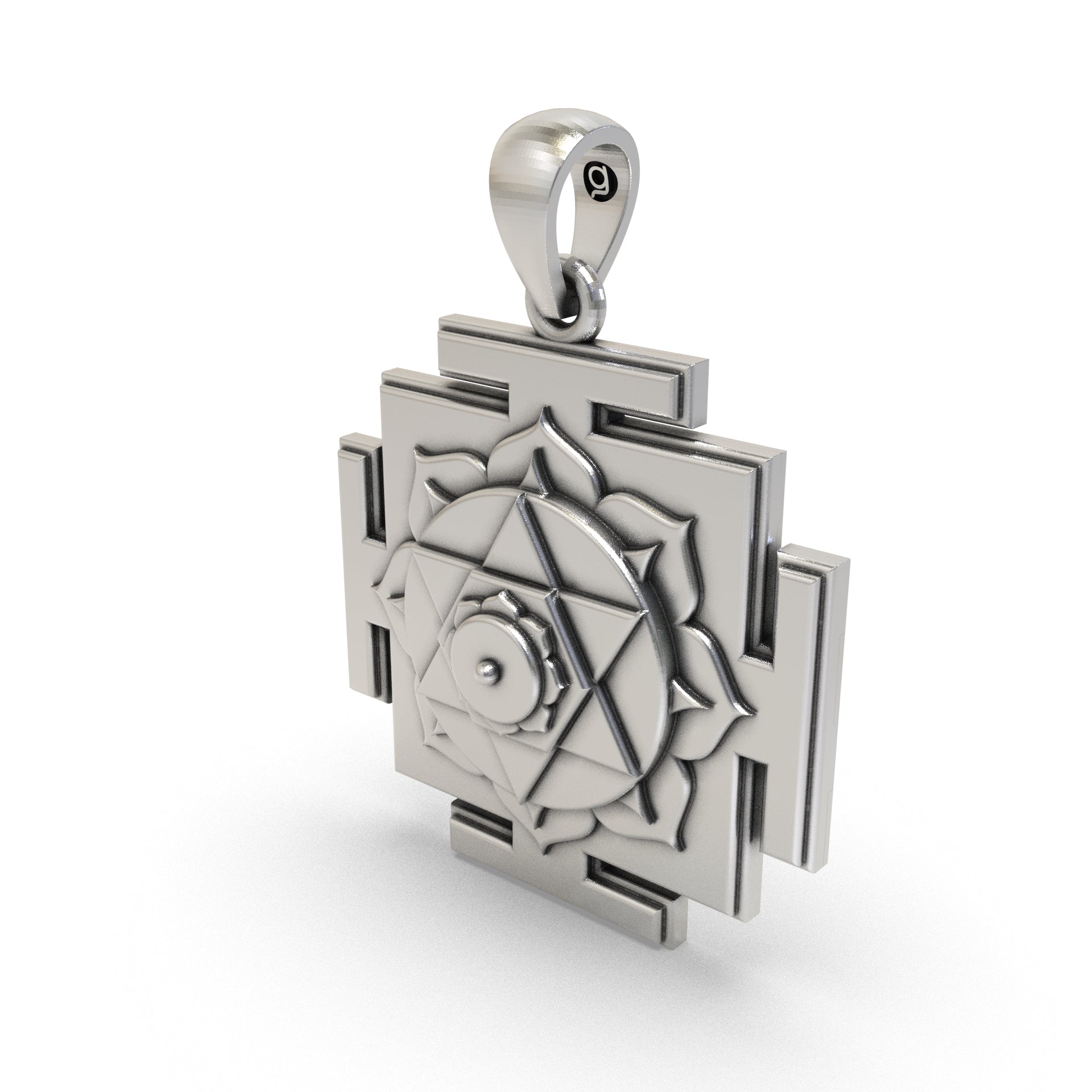 Angled side profile of the 925 Silver Kamala Yantra Pendant, a sacred symbol for positive energy.
