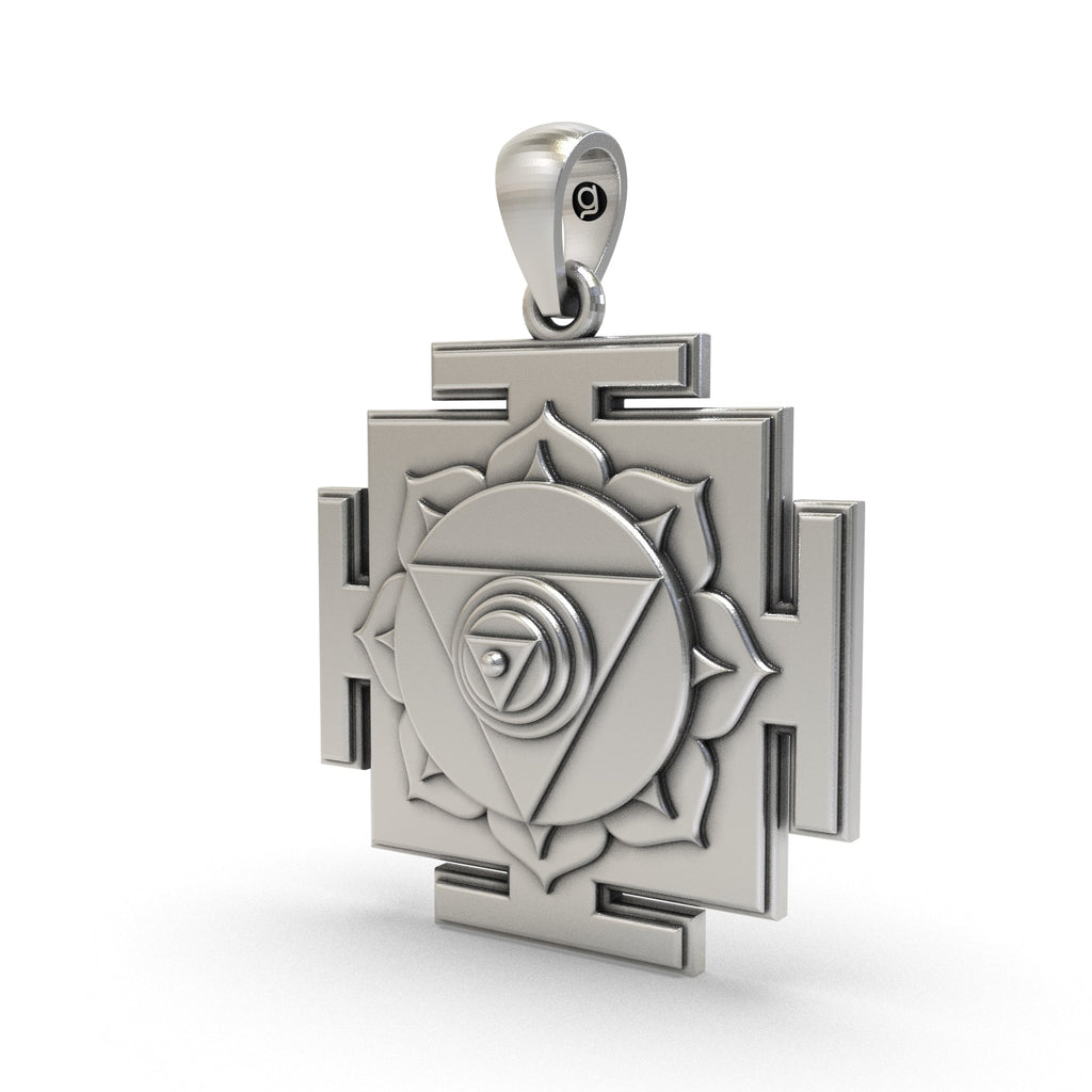Close-up of the pure sterling silver Chinnamasta Yantra pendant highlighting fine polished finish.