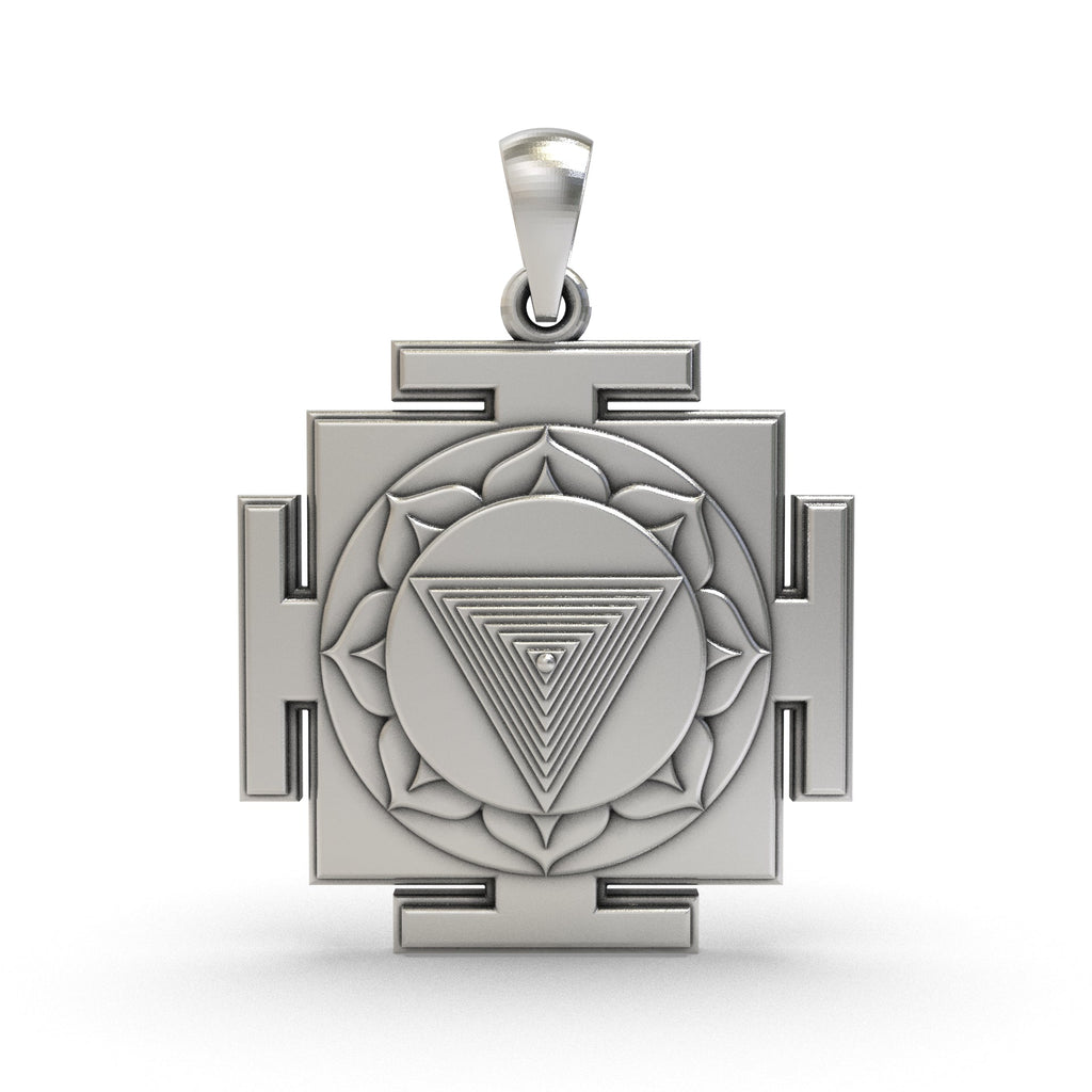 Front view of the 925 Silver Tripura Bhairavi Yantra Pendant showcasing intricate geometric sacred detailing.