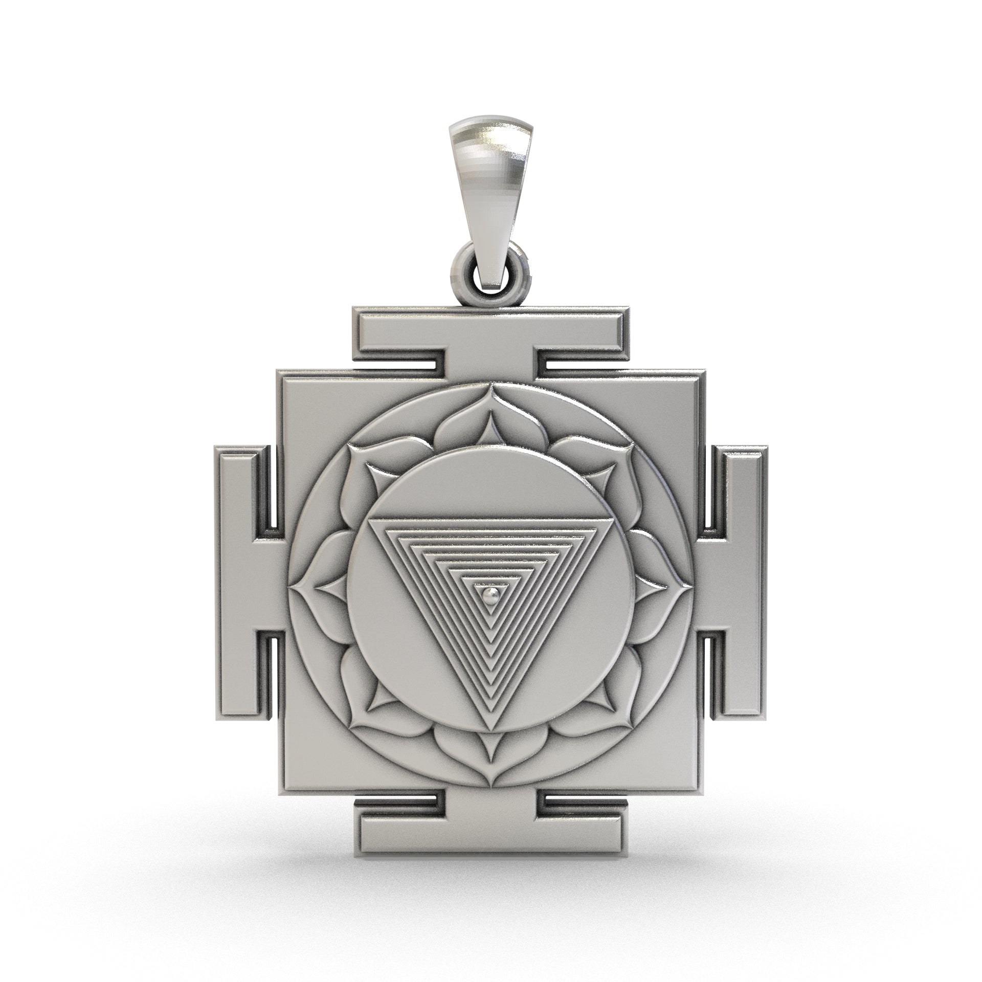 Front view of the 925 Silver Tripura Bhairavi Yantra Pendant showcasing intricate geometric sacred detailing.
