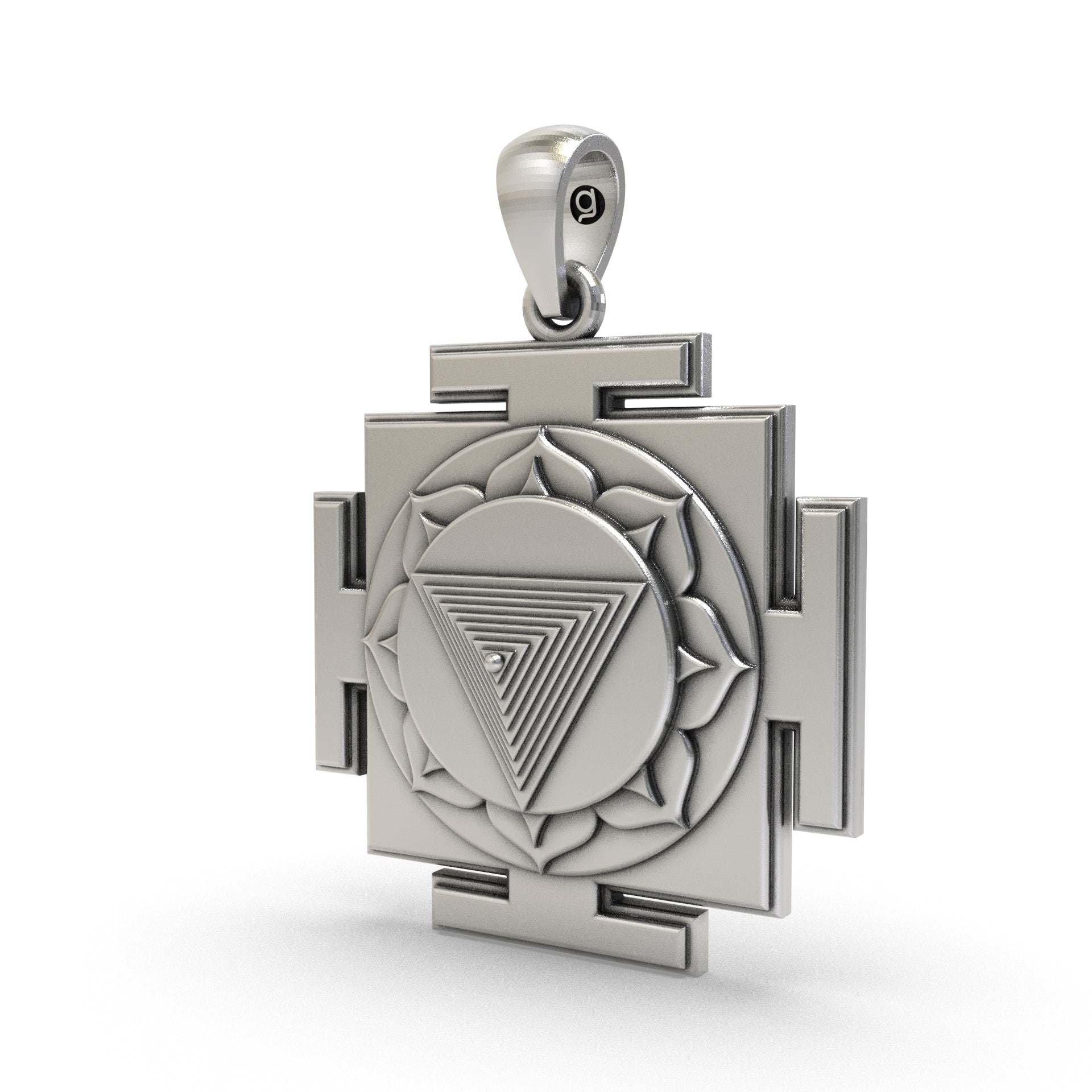 Close-up of the polished pure silver Tripura Bhairavi Yantra charm highlighting its spiritual energy.