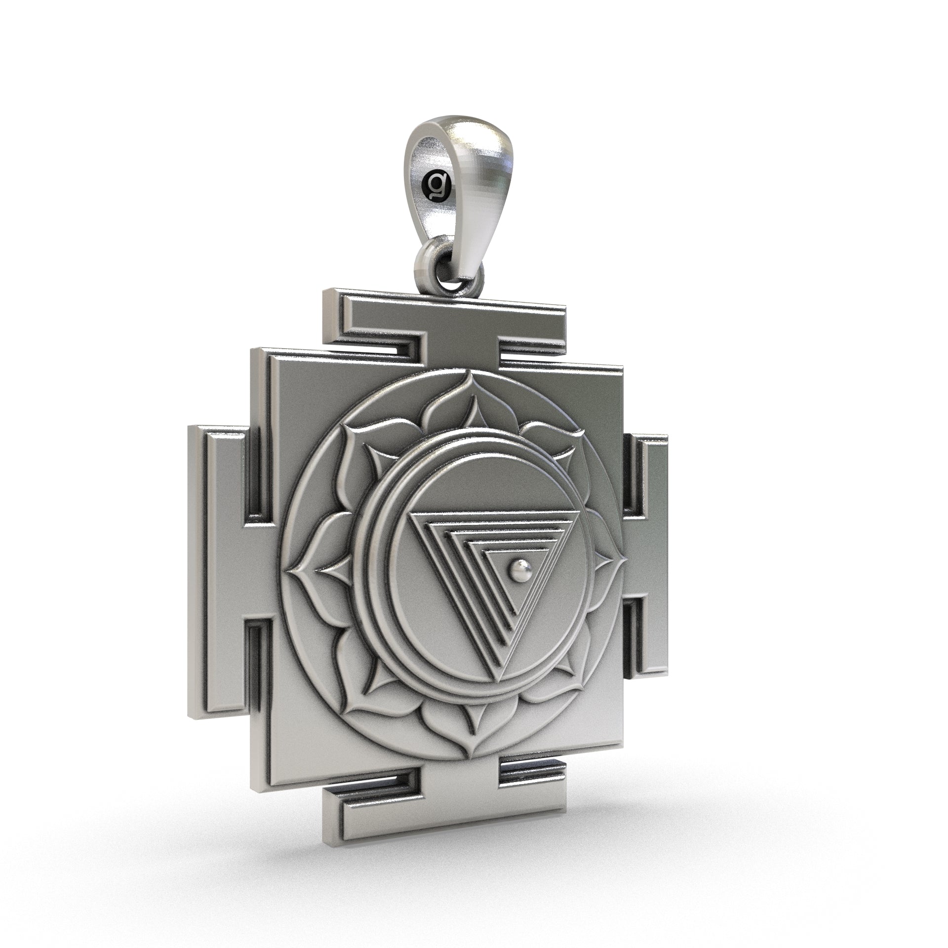 Back side view showing the lightweight hollow jali work of the 925 Silver Mahakali Yantra Pendant.