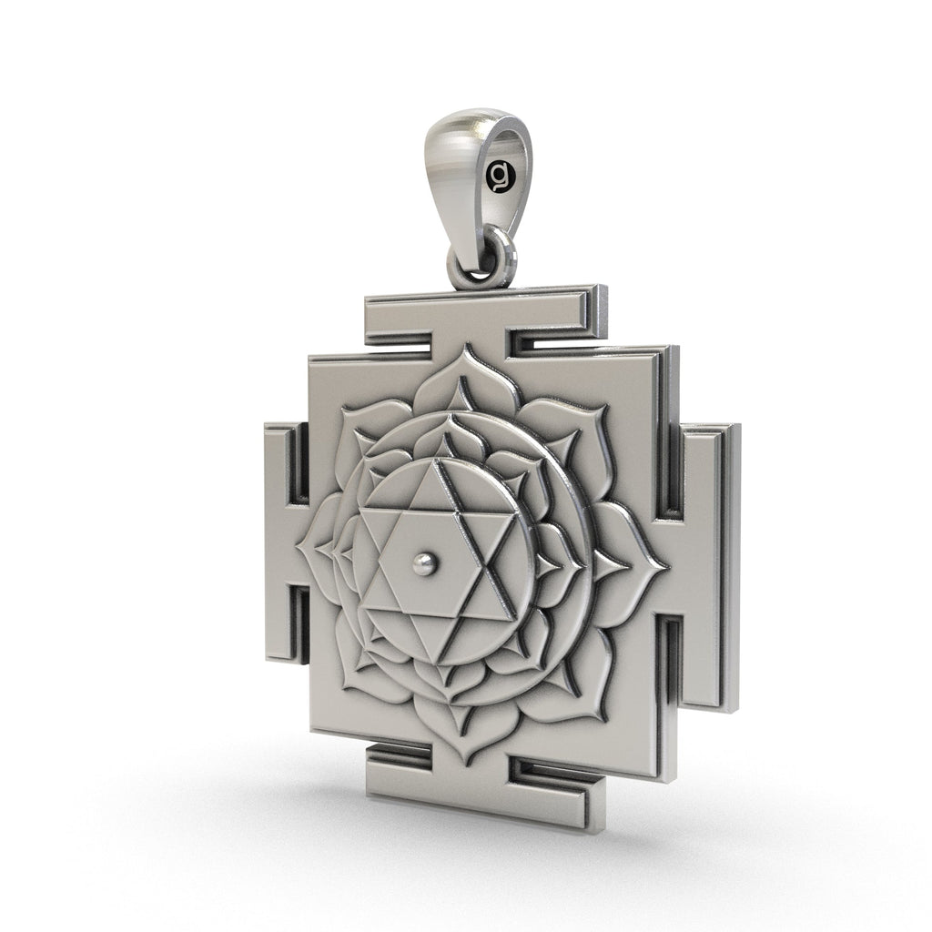 Close-up of the polished finish on the 925 sterling silver Goddess Bhuvaneshwari Yantra prosperity pendant.