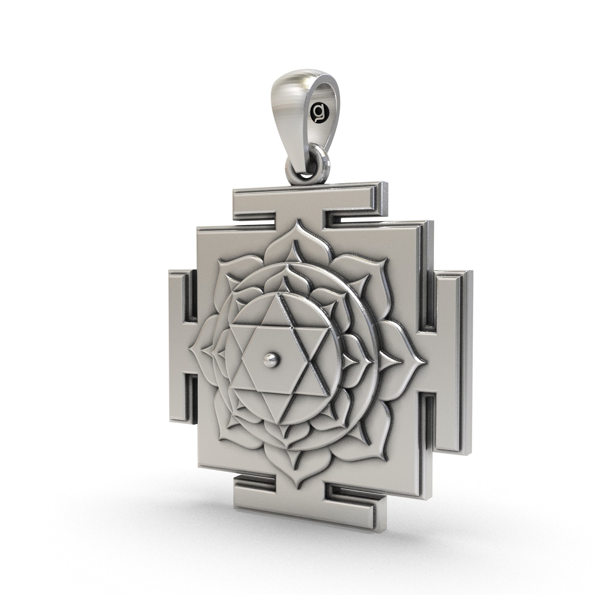 Close-up of the polished finish on the 925 sterling silver Goddess Bhuvaneshwari Yantra prosperity pendant.