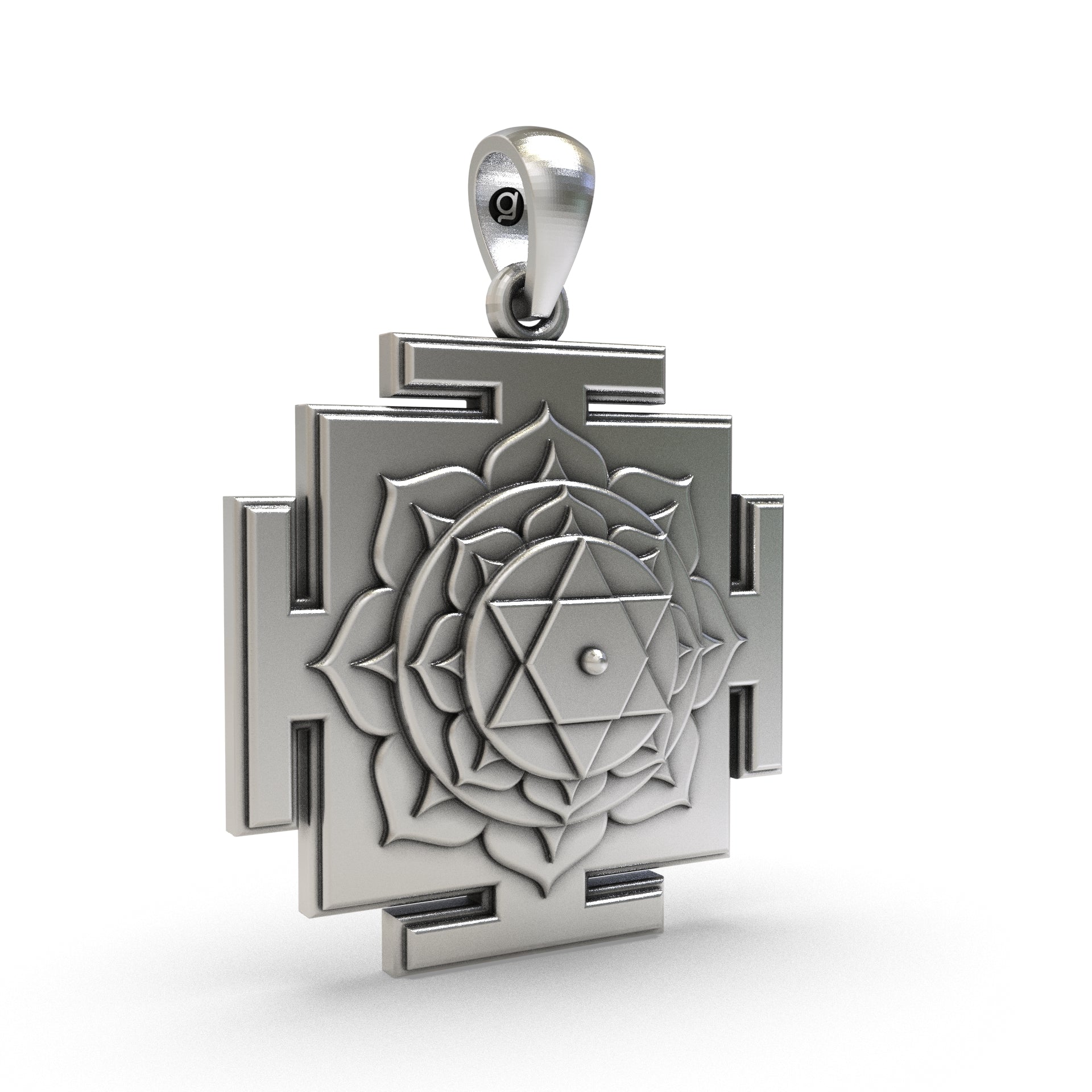 Backside view showing the hollow jali work of the 925 Silver Bhuvaneshwari Yantra Pendant for comfort.