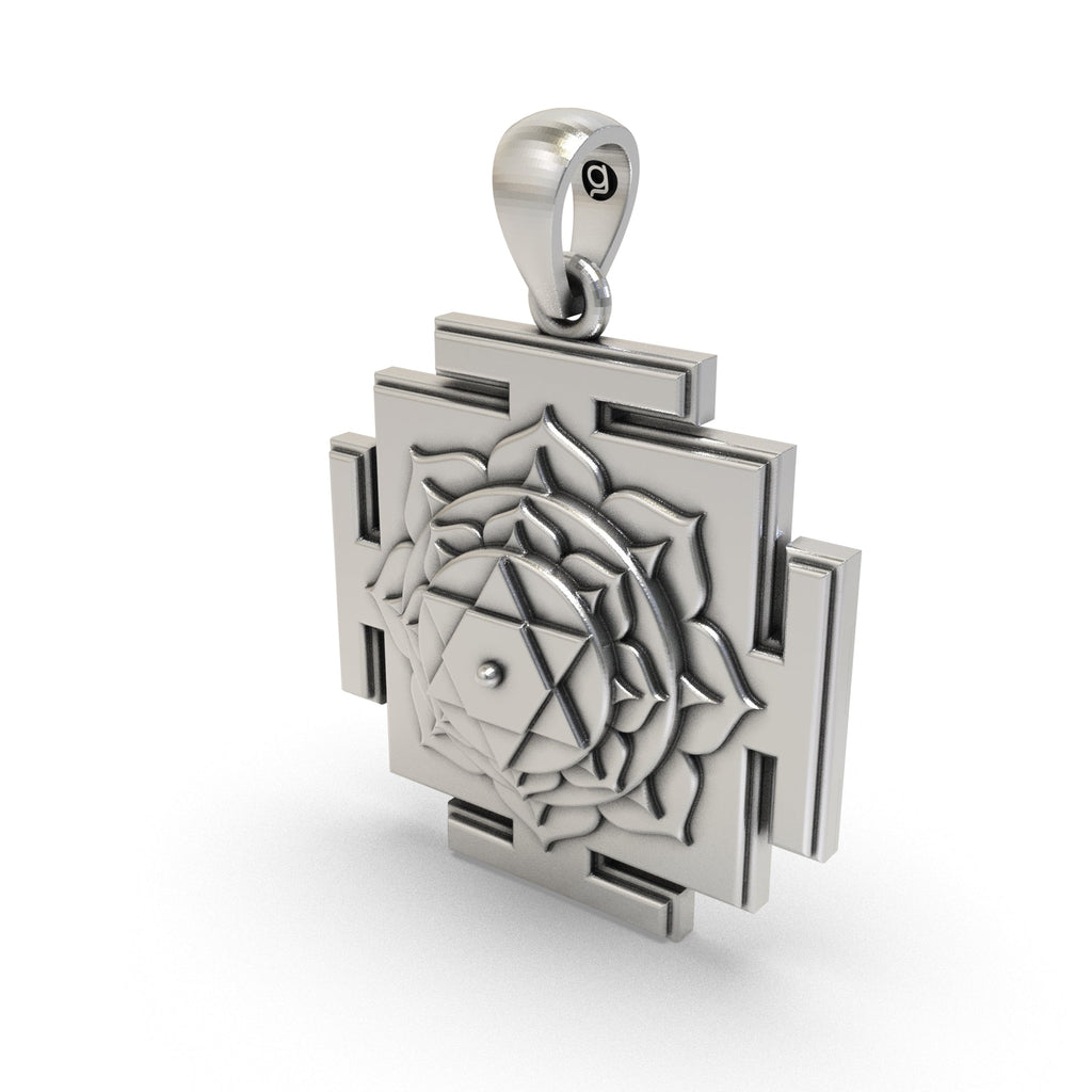 Angled side profile of the pure 925 Silver Bhuvaneshwari Yantra Pendant highlighting its fine craftsmanship.