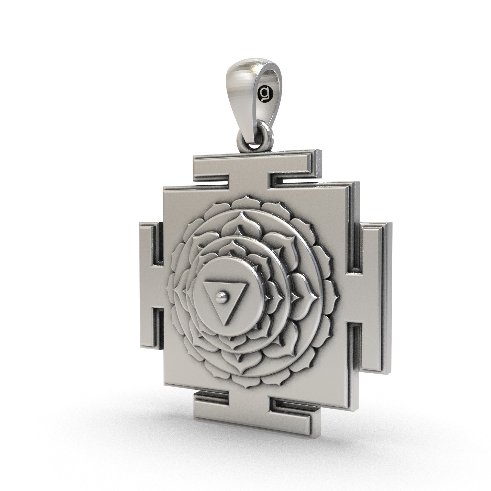 Close-up detail of the pure 925 sterling silver Matangi Yantra pendant highlighting the hollow jali work.