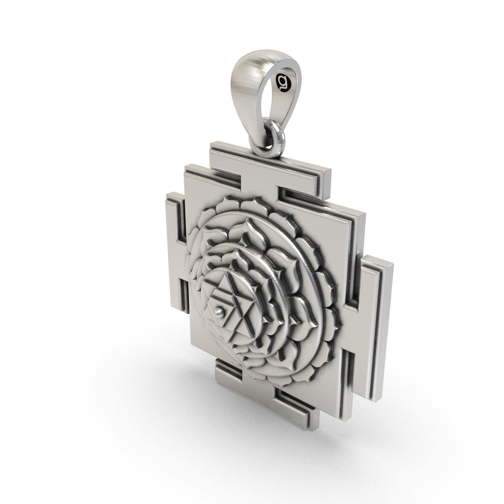Angled profile of the 925 Silver Baglamukhi Yantra Pendant highlighting its beautiful craftsmanship and shine.