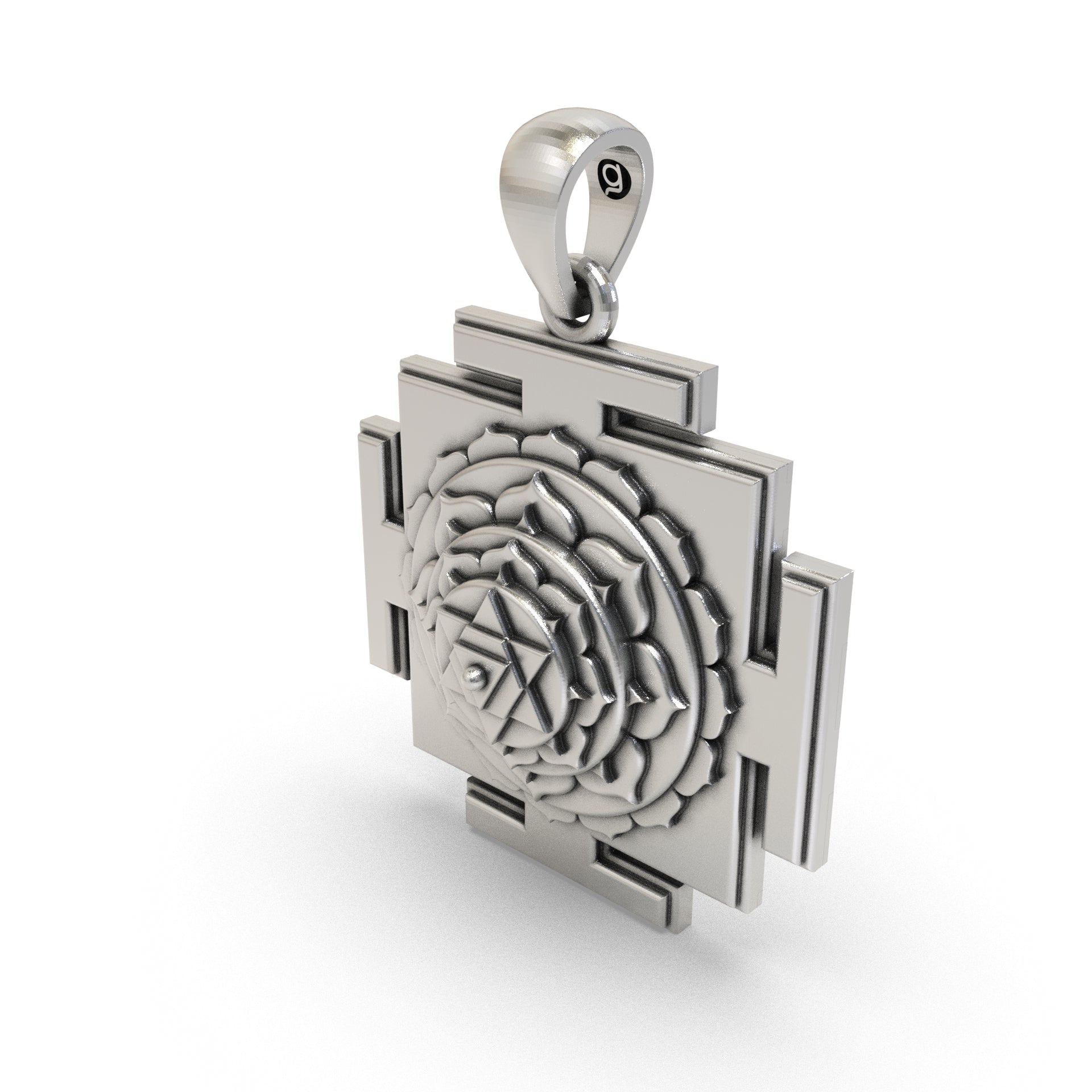 Angled profile of the 925 Silver Baglamukhi Yantra Pendant highlighting its beautiful craftsmanship and shine.