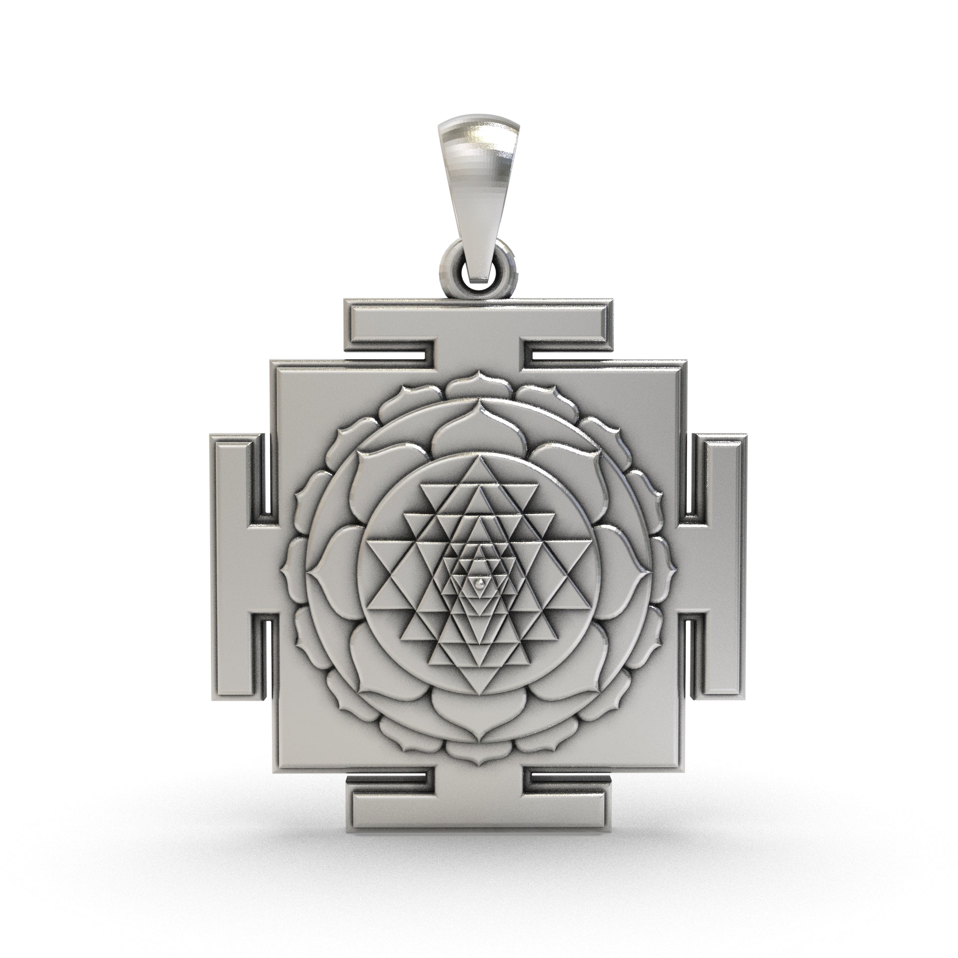 Front view of the 925 Silver Tripura Sundari Yantra Pendant showcasing intricate sacred geometric details. Main image