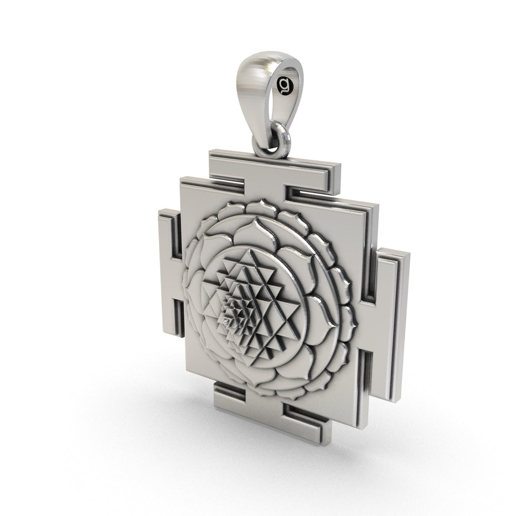 Angled view of the sacred Tripura Sundari Yantra Pendant in 925 sterling silver, perfect for spiritual wear.