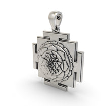 Angled view of the sacred Tripura Sundari Yantra Pendant in 925 sterling silver, perfect for spiritual wear.