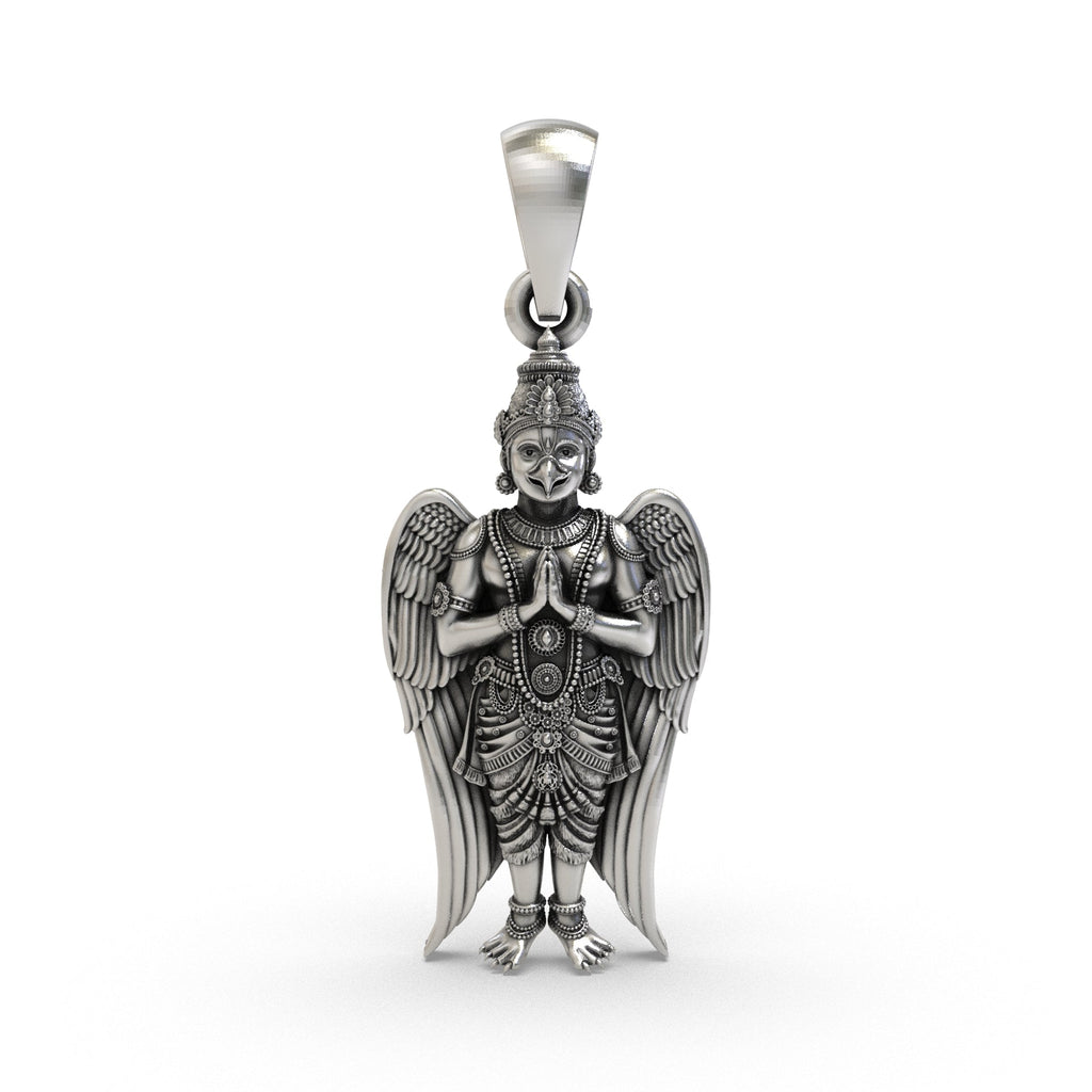 Front view of the 925 Silver Garuda Pendant showing intricate divine craftsmanship and polished finish.