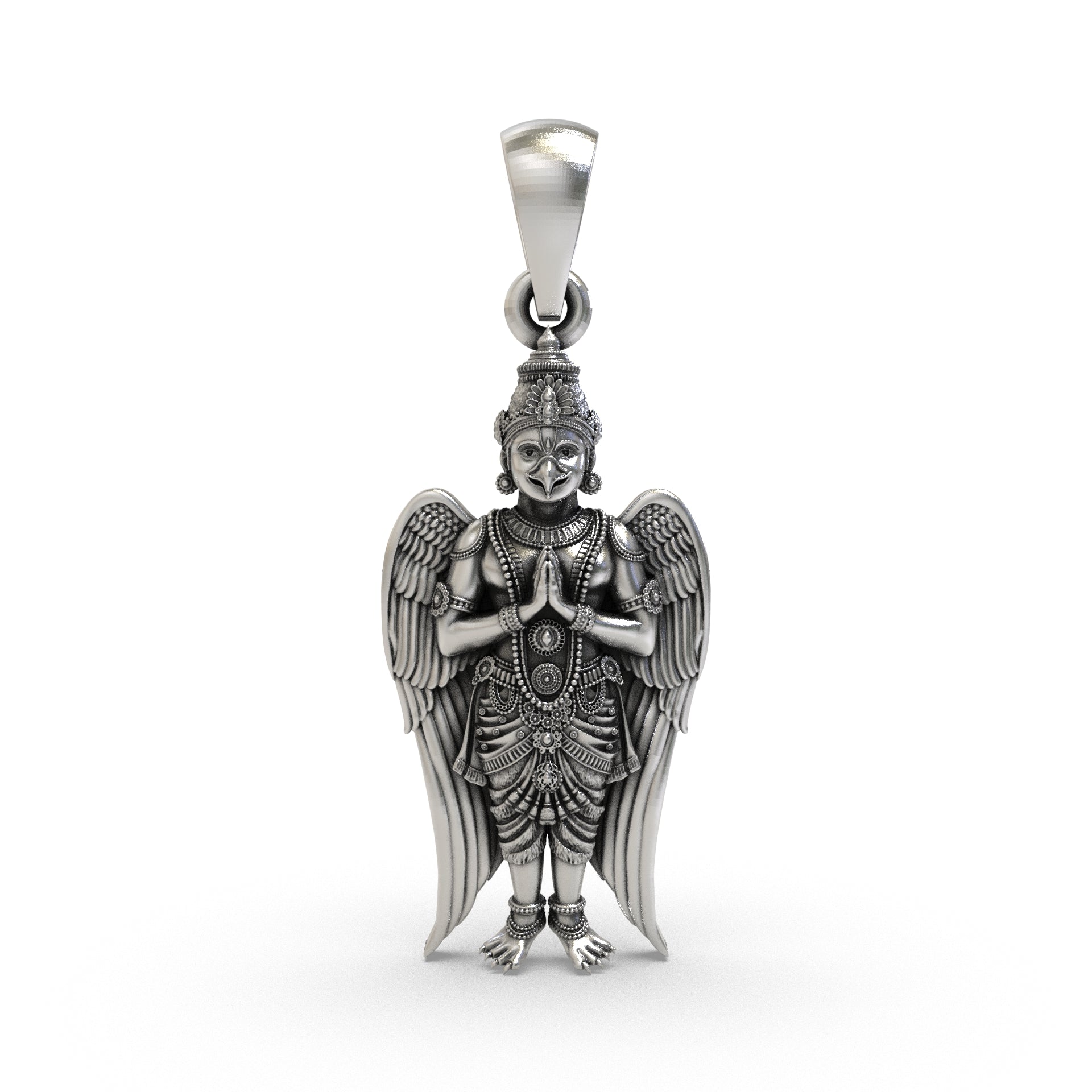Front view of the 925 Silver Garuda Pendant showing intricate divine craftsmanship and polished finish.
