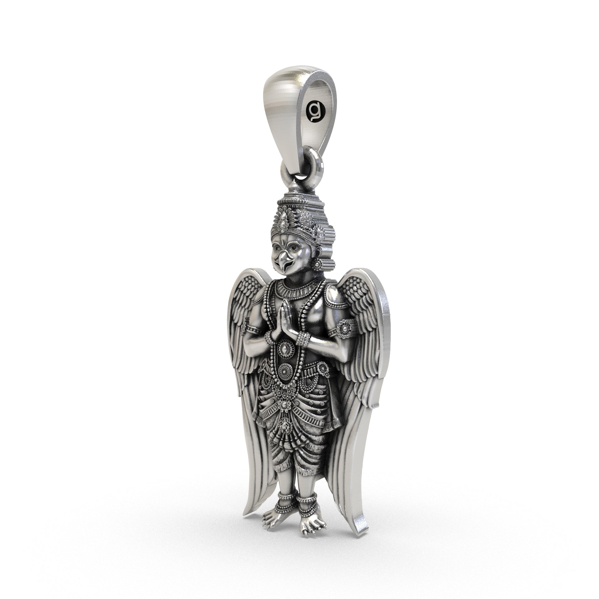 Close-up detail of the pure 925 sterling silver Garuda pendant highlighting the sacred Vishnu vahana.