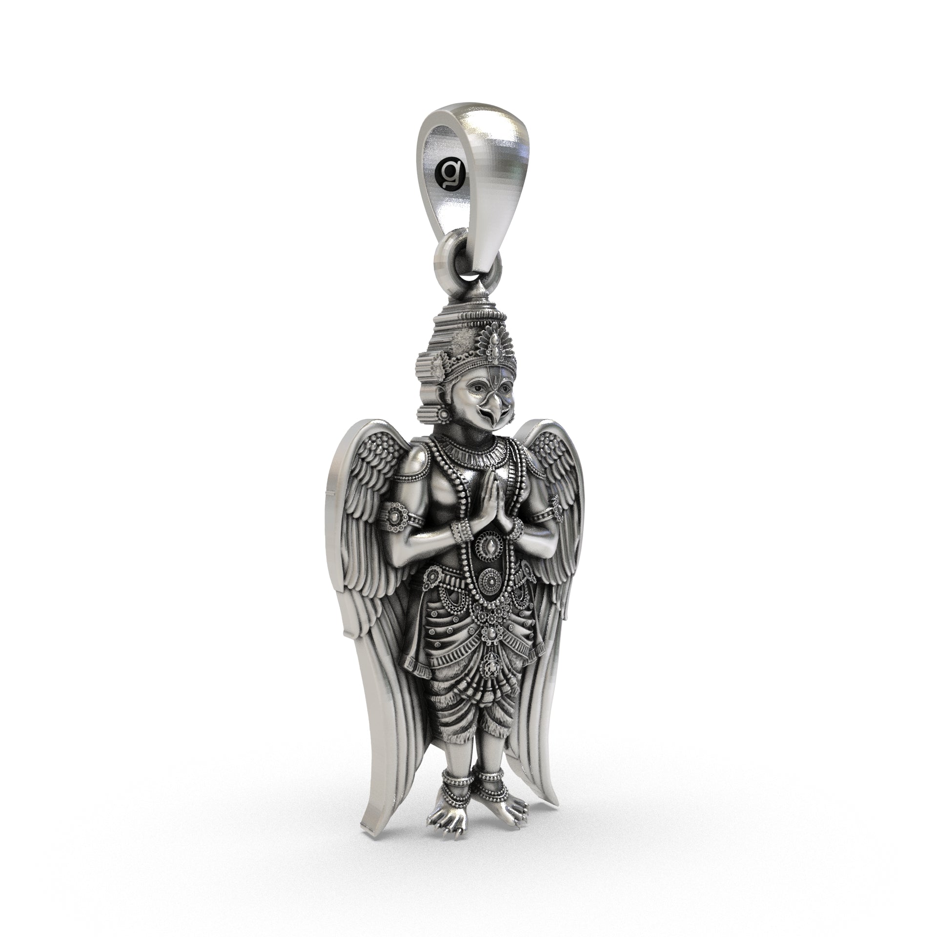 Backside view of the silver Garuda pendant displaying the lightweight hollow jali work design.