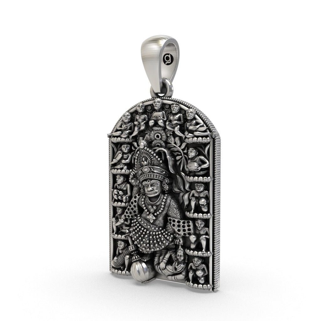 Close-up detail of the pure sterling silver Kashtbhanjan Hanumanji pendant for protection.