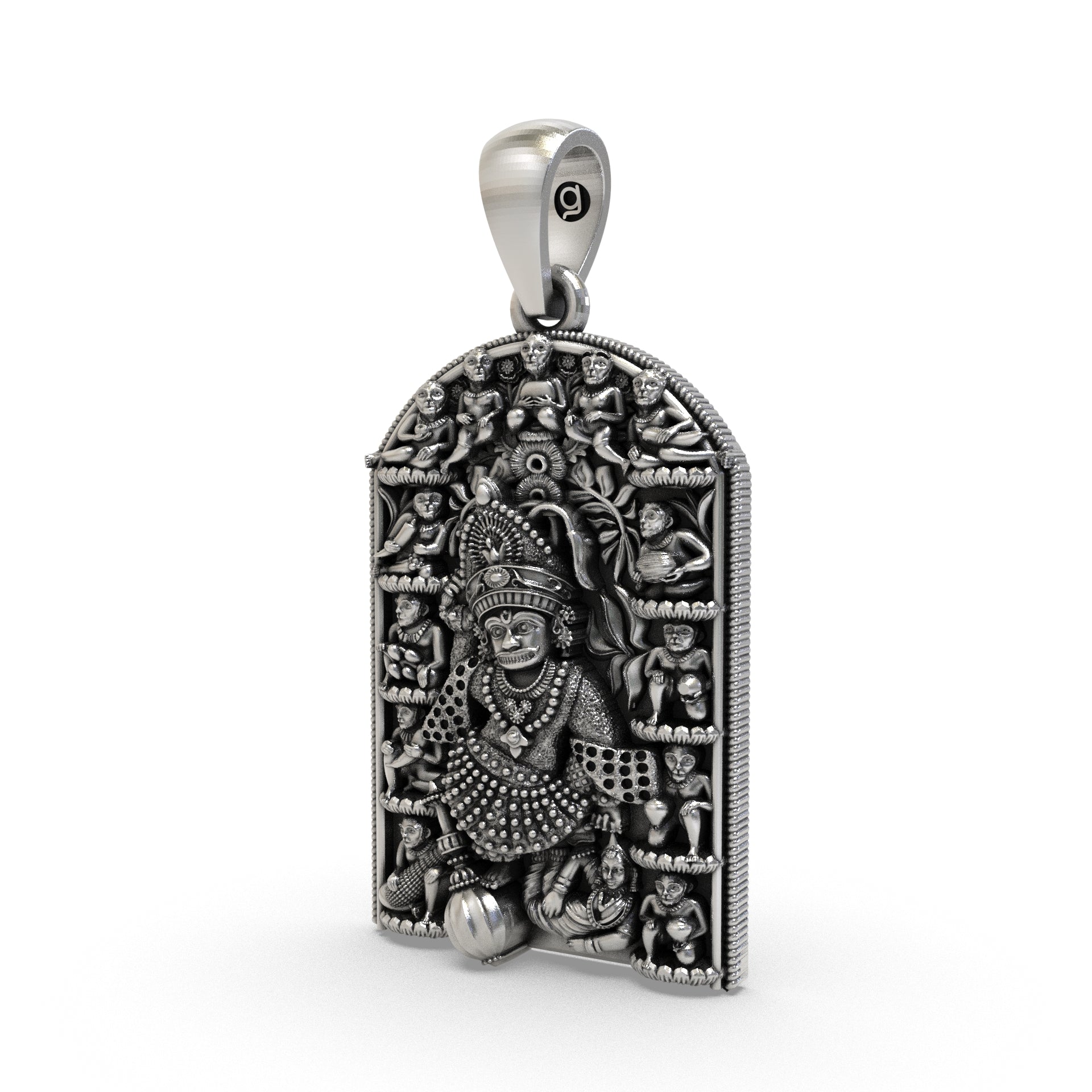 Close-up detail of the pure sterling silver Kashtbhanjan Hanumanji pendant for protection.