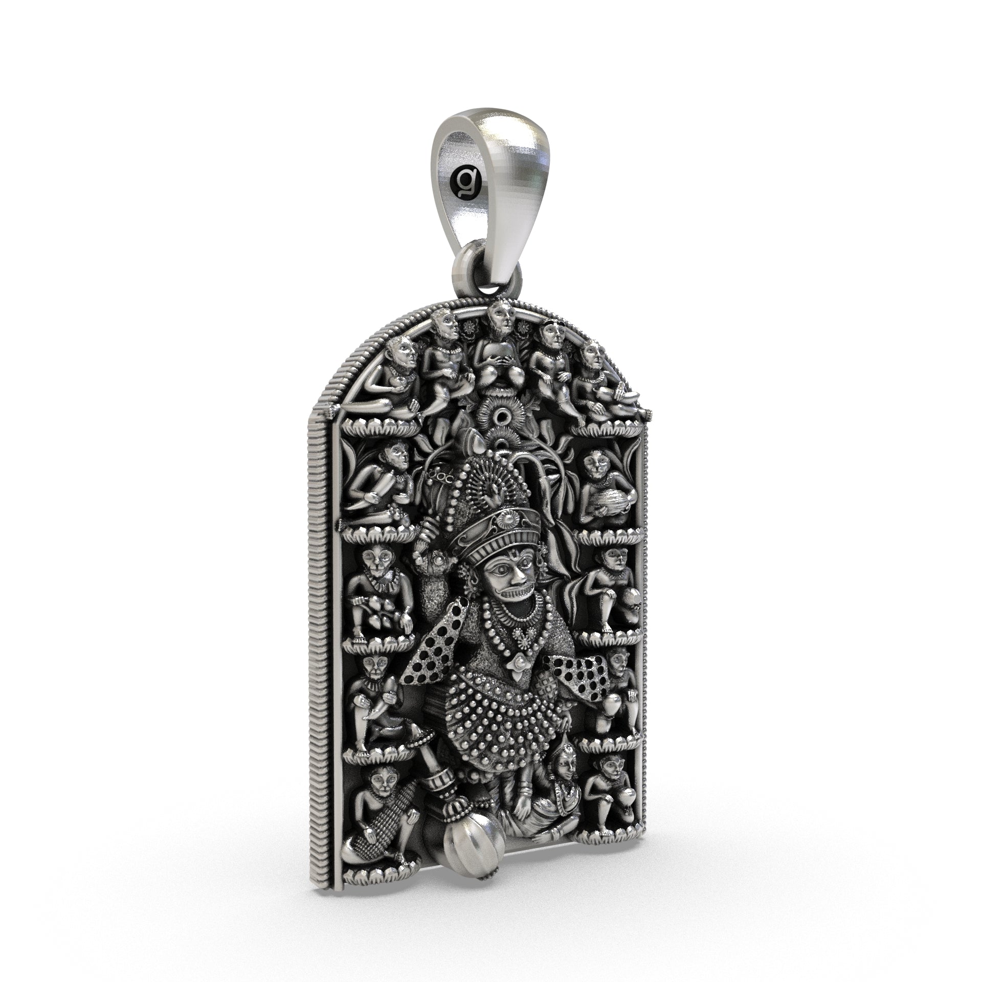 Backside of the 925 silver Hanuman pendant featuring hollow jali work for lightweight comfort.