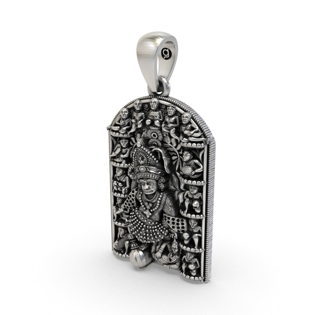 Angled view of the 925 Silver Kashtbhanjan Dev Pendant highlighting its fine polished finish.