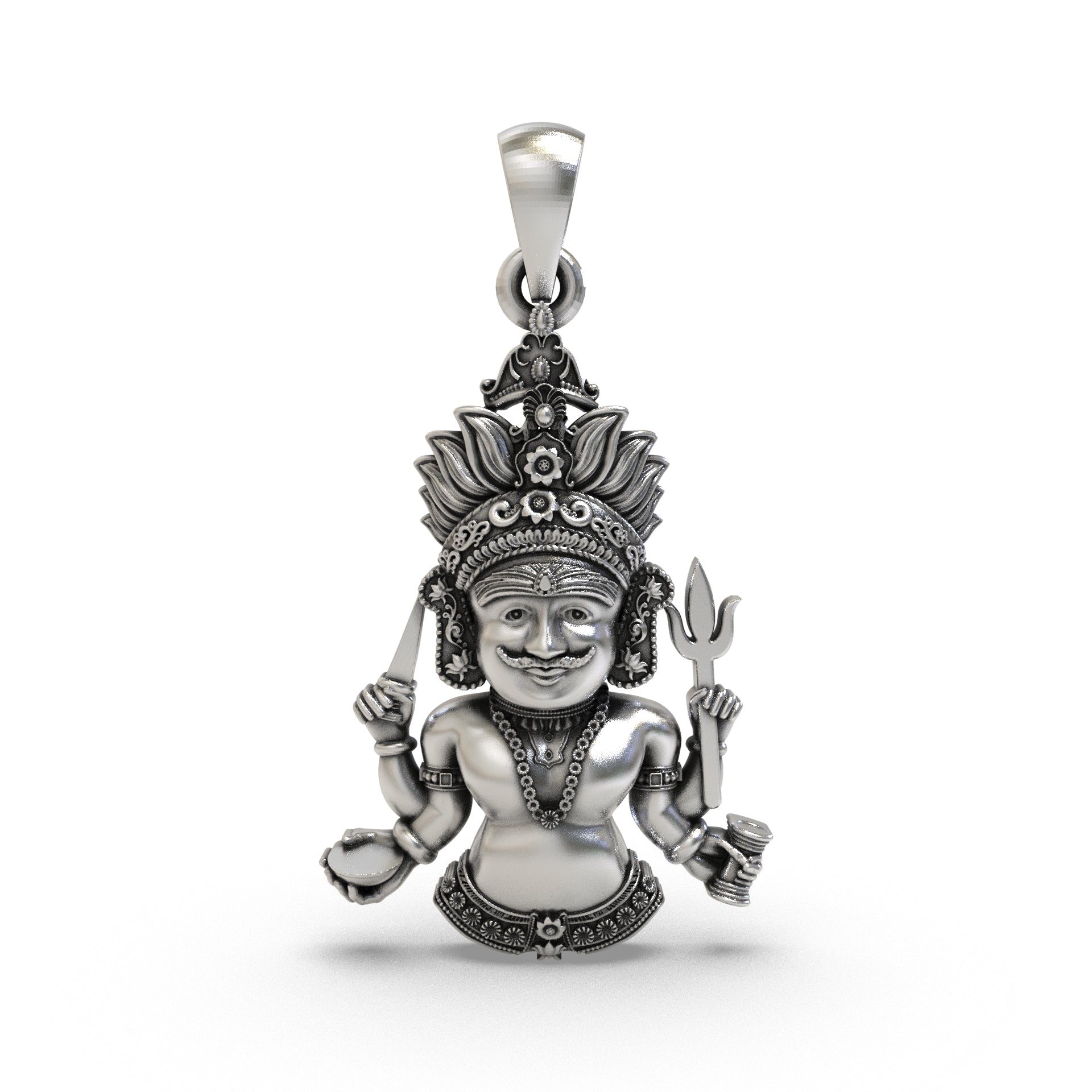 Modern styling of premium Nakoda Bhairav silver spiritual amulet on a chain. Main image