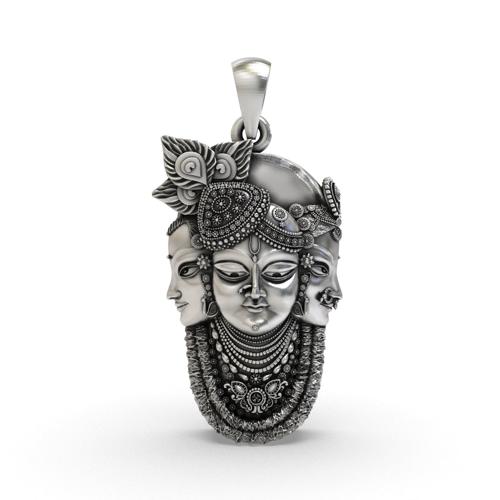 Front view of the 925 Silver Trimukhi Shrinathji Pendant showcasing antique oxidized silver detailing.