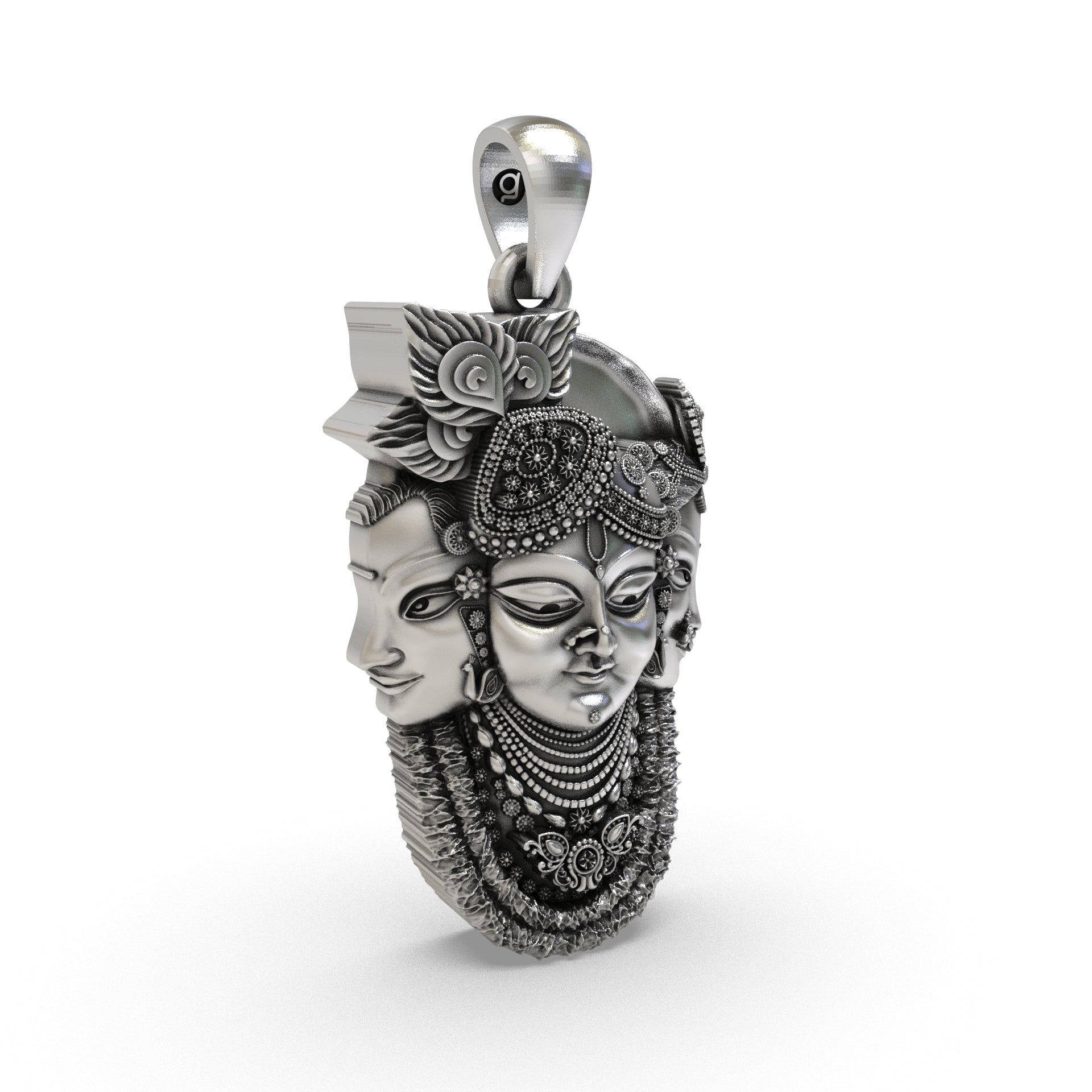 Side profile of the oxidized Trimukhi Shrinathji silver pendant perfect for spiritual devotion and daily wear.
