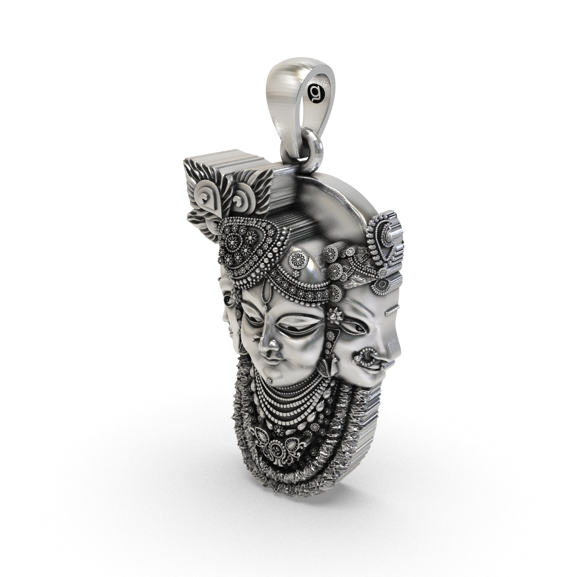Beautiful worn look of the 925 Silver Trimukhi Shrinathji Pendant displaying its 30mm antique finish.