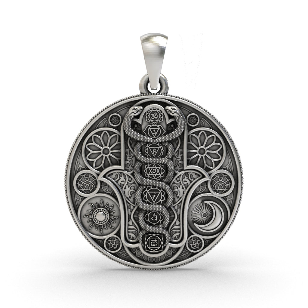 925 silver Hamsa Hand Chakra pendant front view