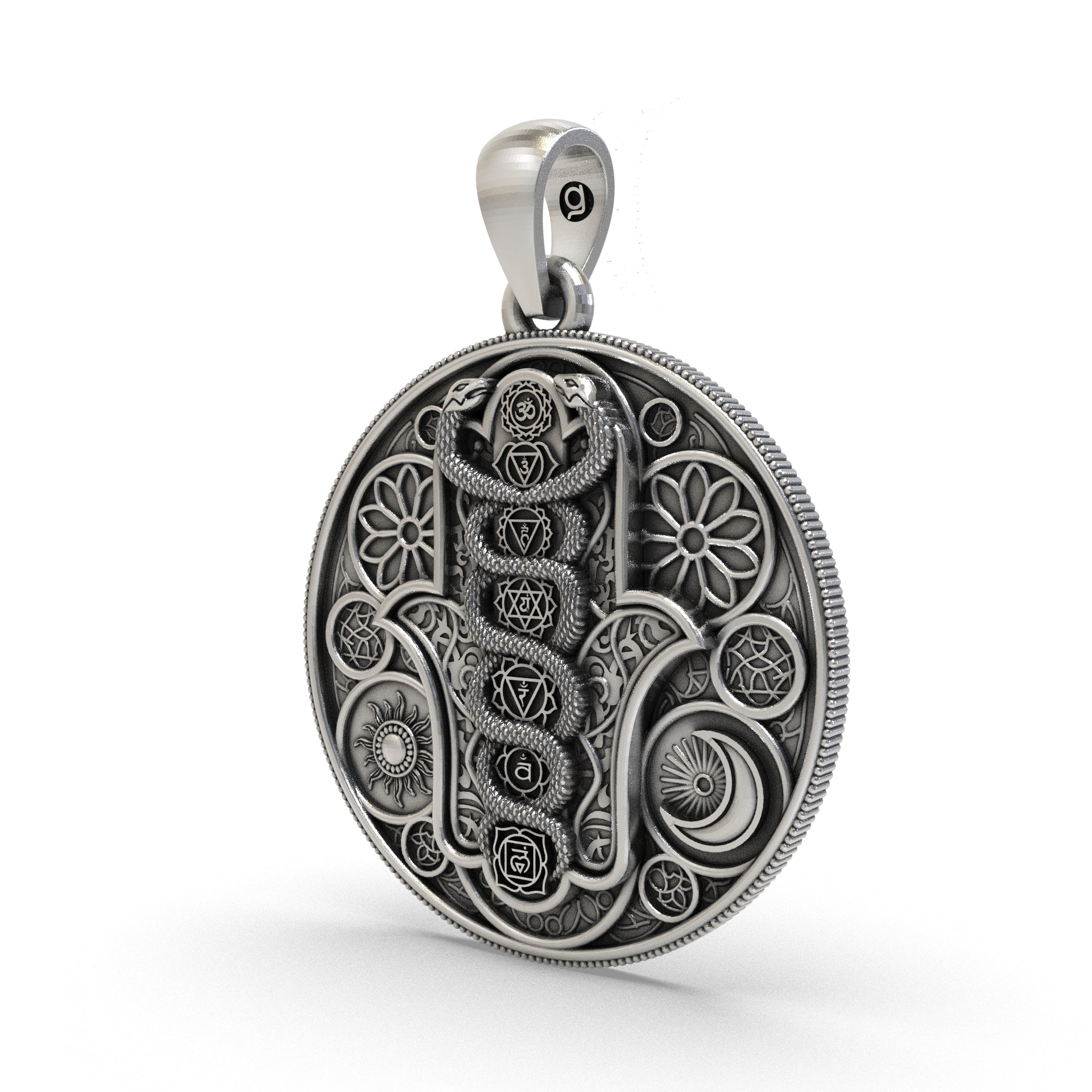 Oxidized 925 Silver Hamsa Pendant with Chakra Symbols Secondary image