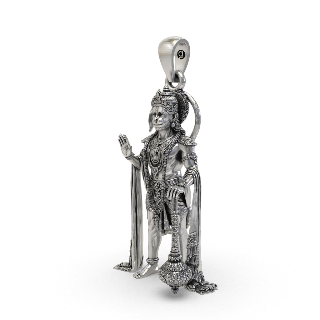 Close-up 3D Hanuman pendant silver detailing