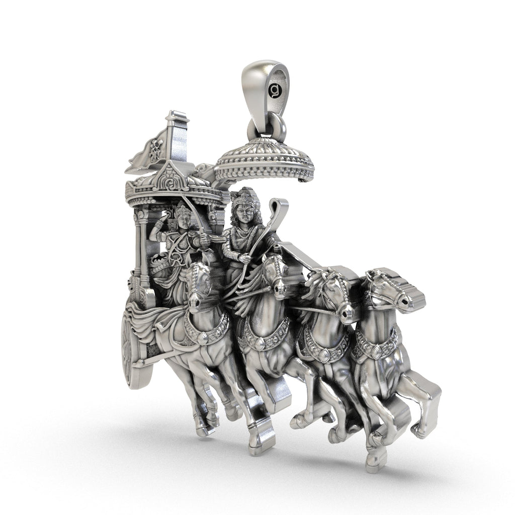 Close-up Mahabharata silver pendant detailing
