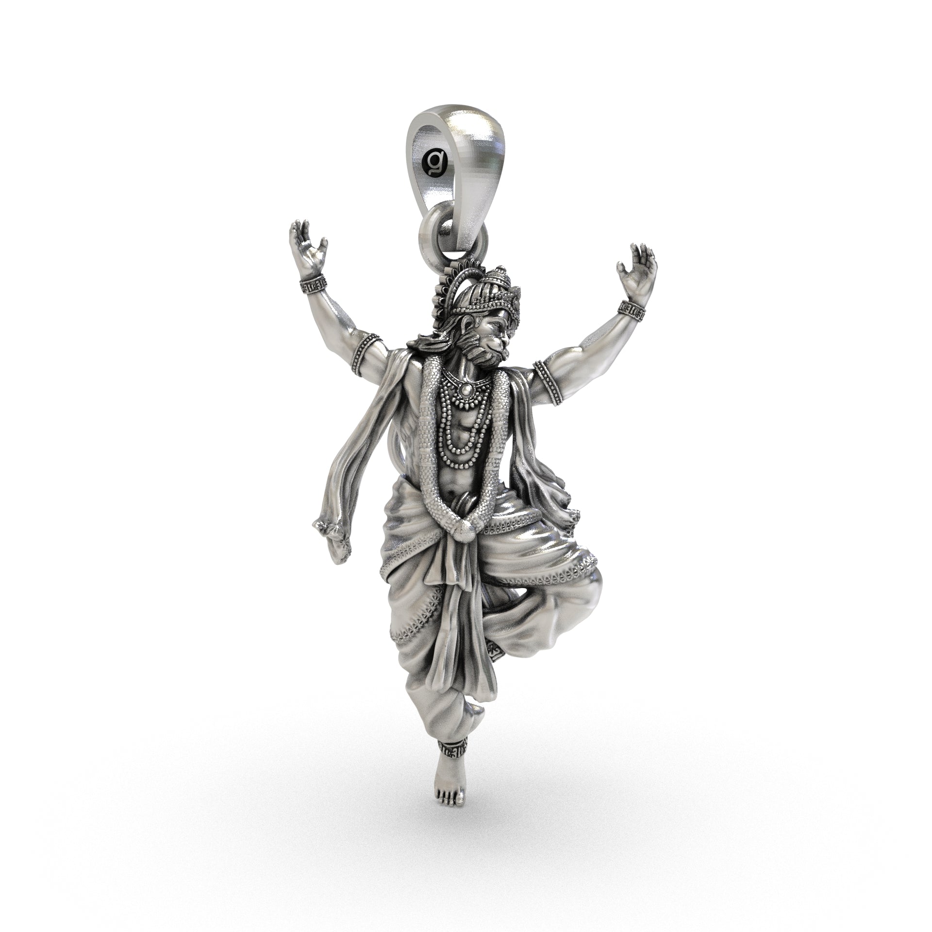 Antique silver Dancing Hanuman pendant detail