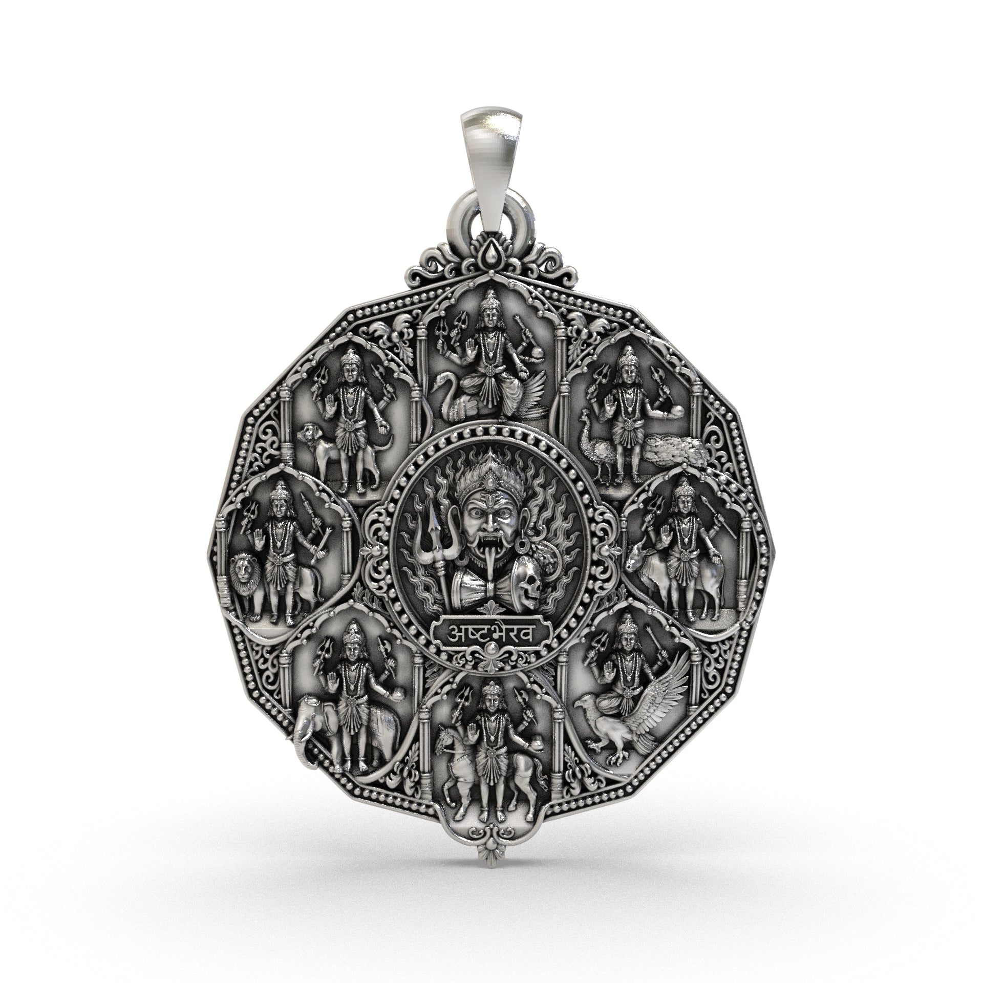 Front view of an Ashta Bhairav 925 sterling silver pendant with an antique oxidized finish, detailed eight-form deity design, and Hindu temple locket style for puja or devotional wear. Main image