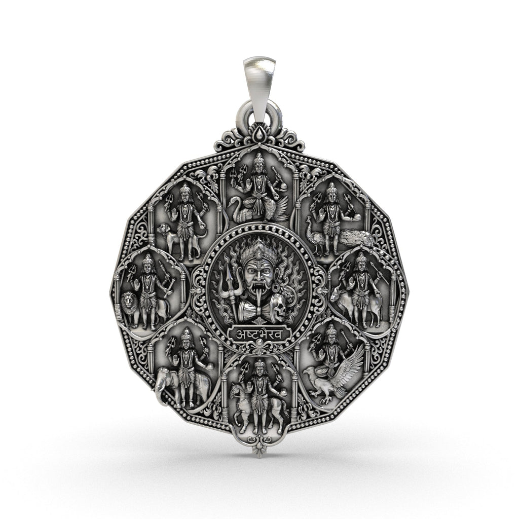 Front view of an Ashta Bhairav 925 sterling silver pendant with an antique oxidized finish, detailed eight-form deity design, and Hindu temple locket style for puja or devotional wear.